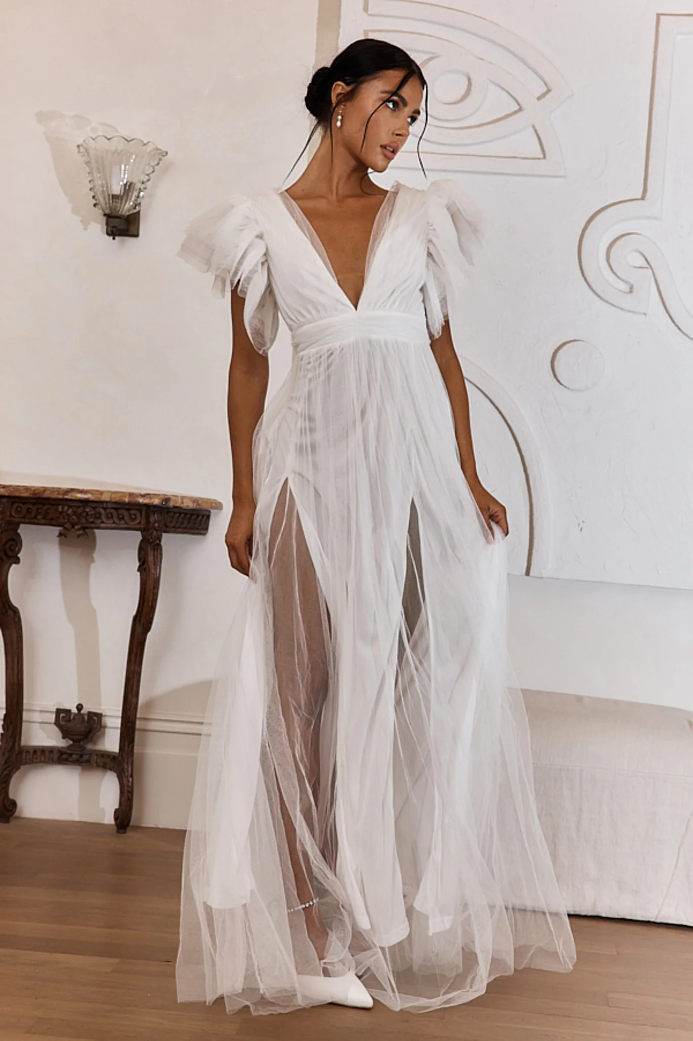 Heaven's Love Deep V-Neck Tulle Maxi Dress White - Sonourner
