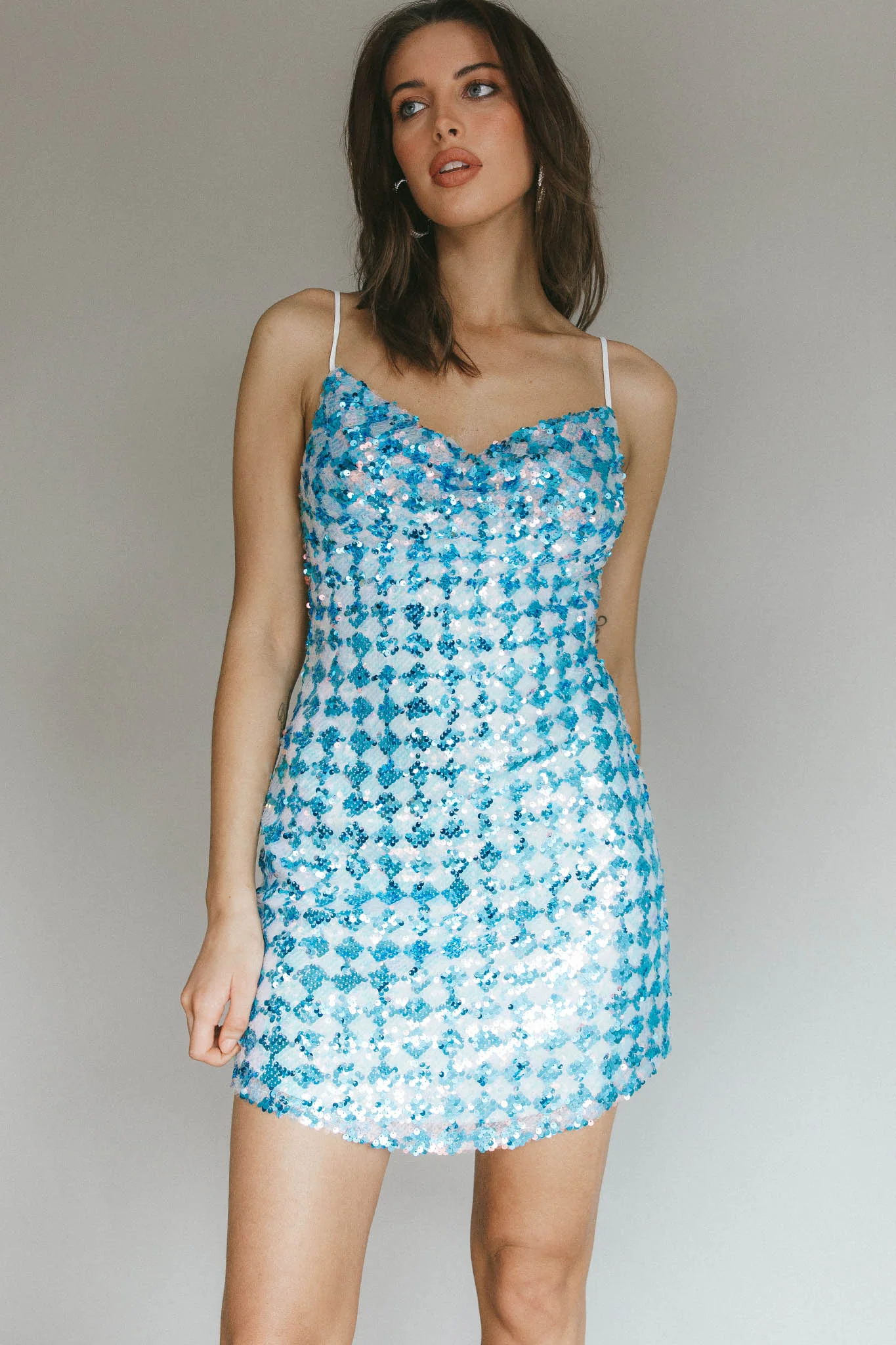 Show Me Love Cowl Neck Mini Dress Sequin Check Blue - Sonourner