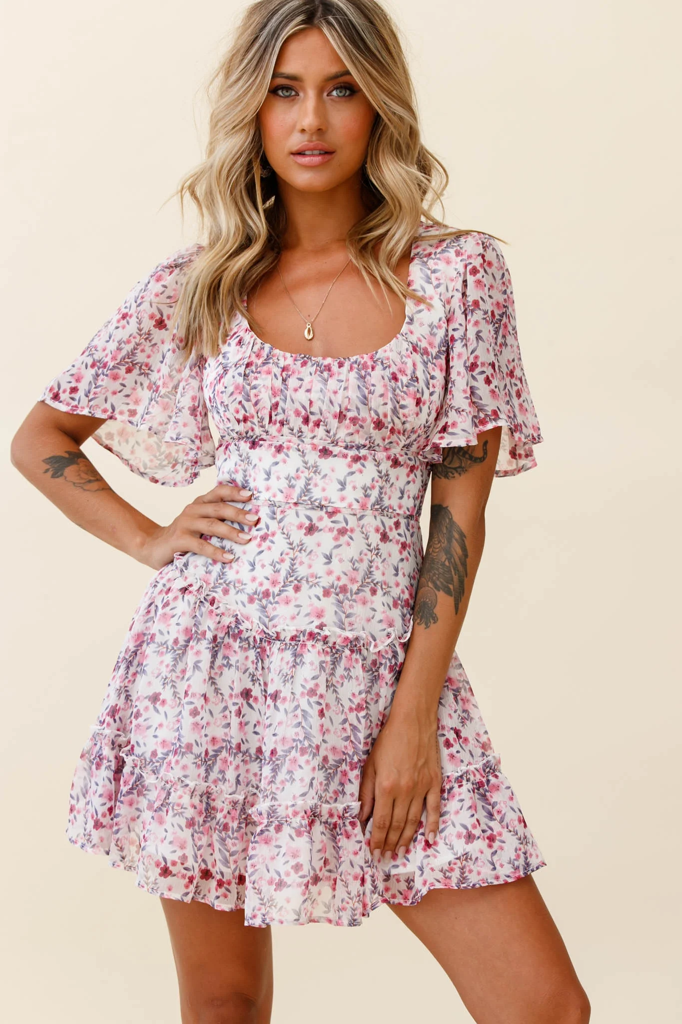 Stolen Moments Angel Sleeve Ruffle Dress Floral Print Pink Multi - Sonourner