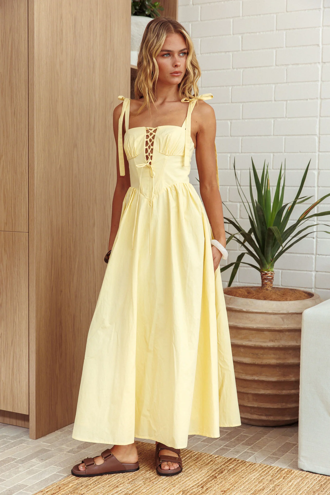 Kiahna Lace-Up Bodice Maxi Dress Butter - Sonourner