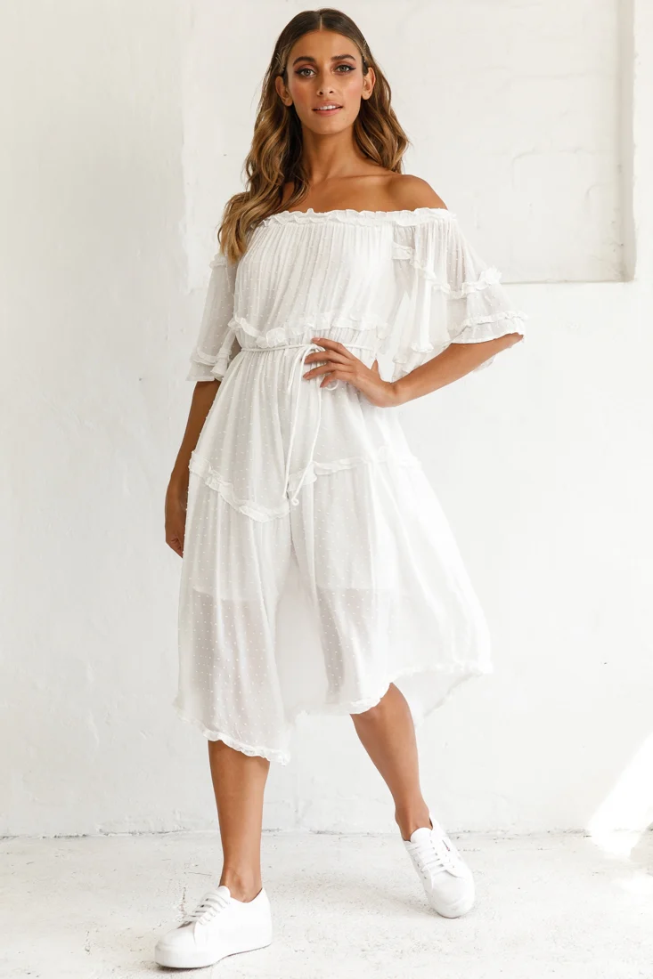 Renoir Off-Shoulder Frill Trim Midi Dress White - Sonourner