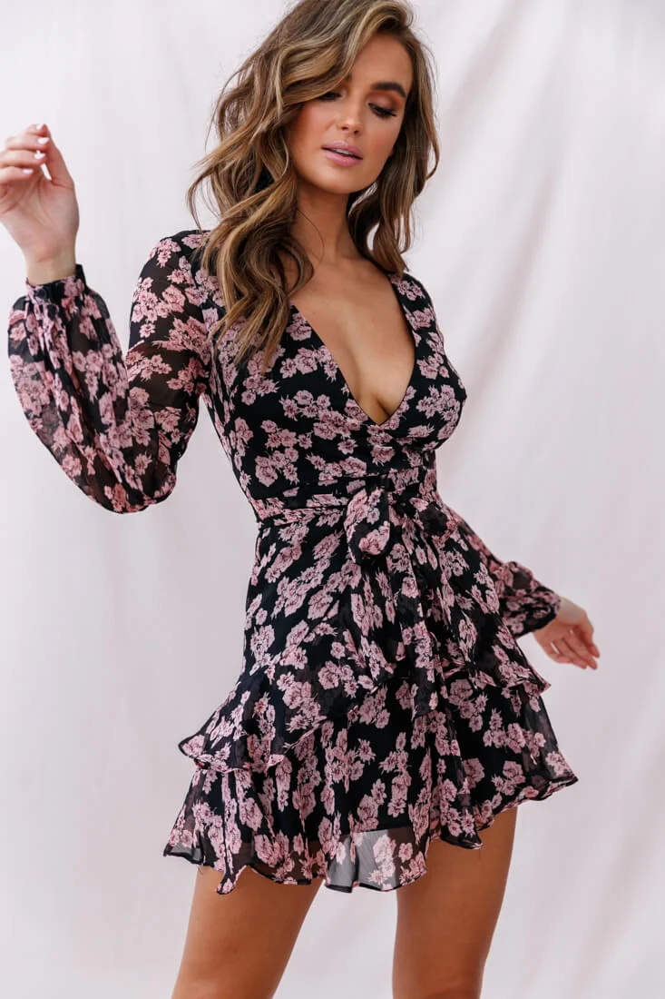 Kerry Layered Balloon Sleeve Dress Black/Pink - Sonourner