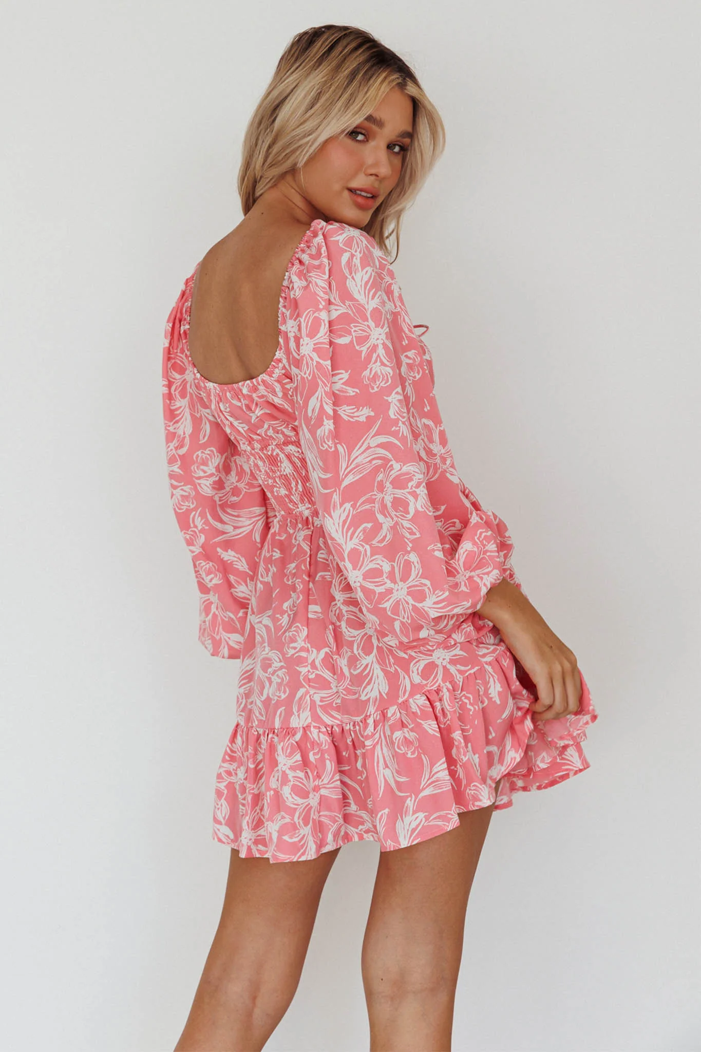 Amilie Shirred Long Sleeve Dress Floral Pink - Sonourner