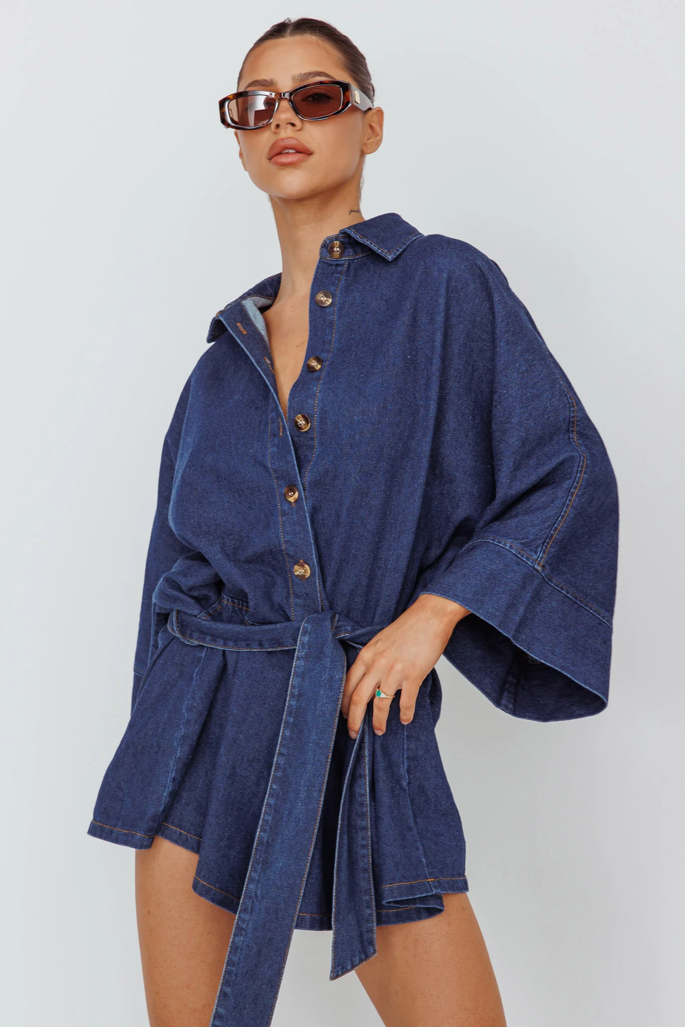 Daytona Beach Long Sleeve Shirt Romper Indigo - Sonourner