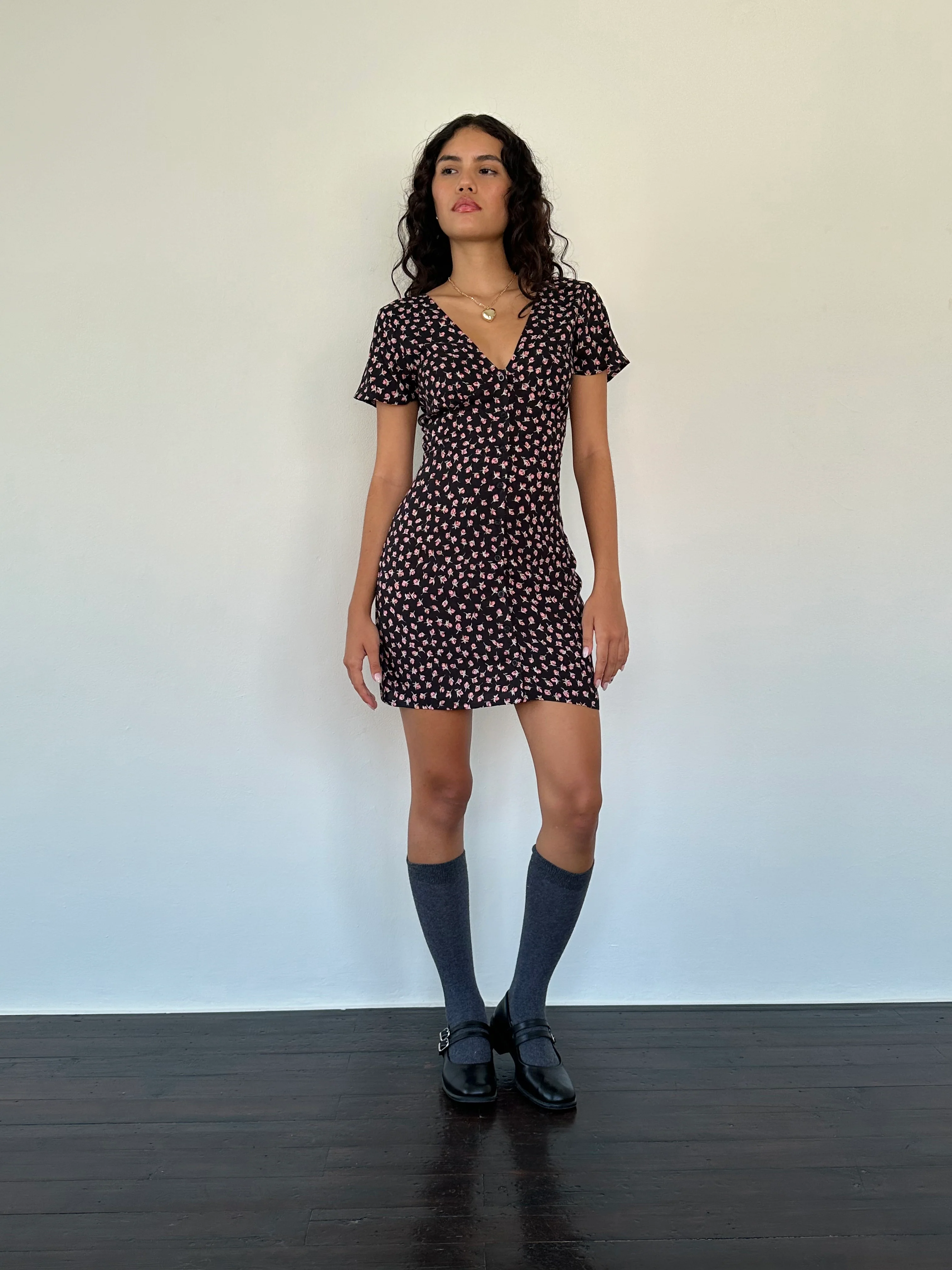 Field Trip Button Front Mini Dress Black Floral - Sonourner
