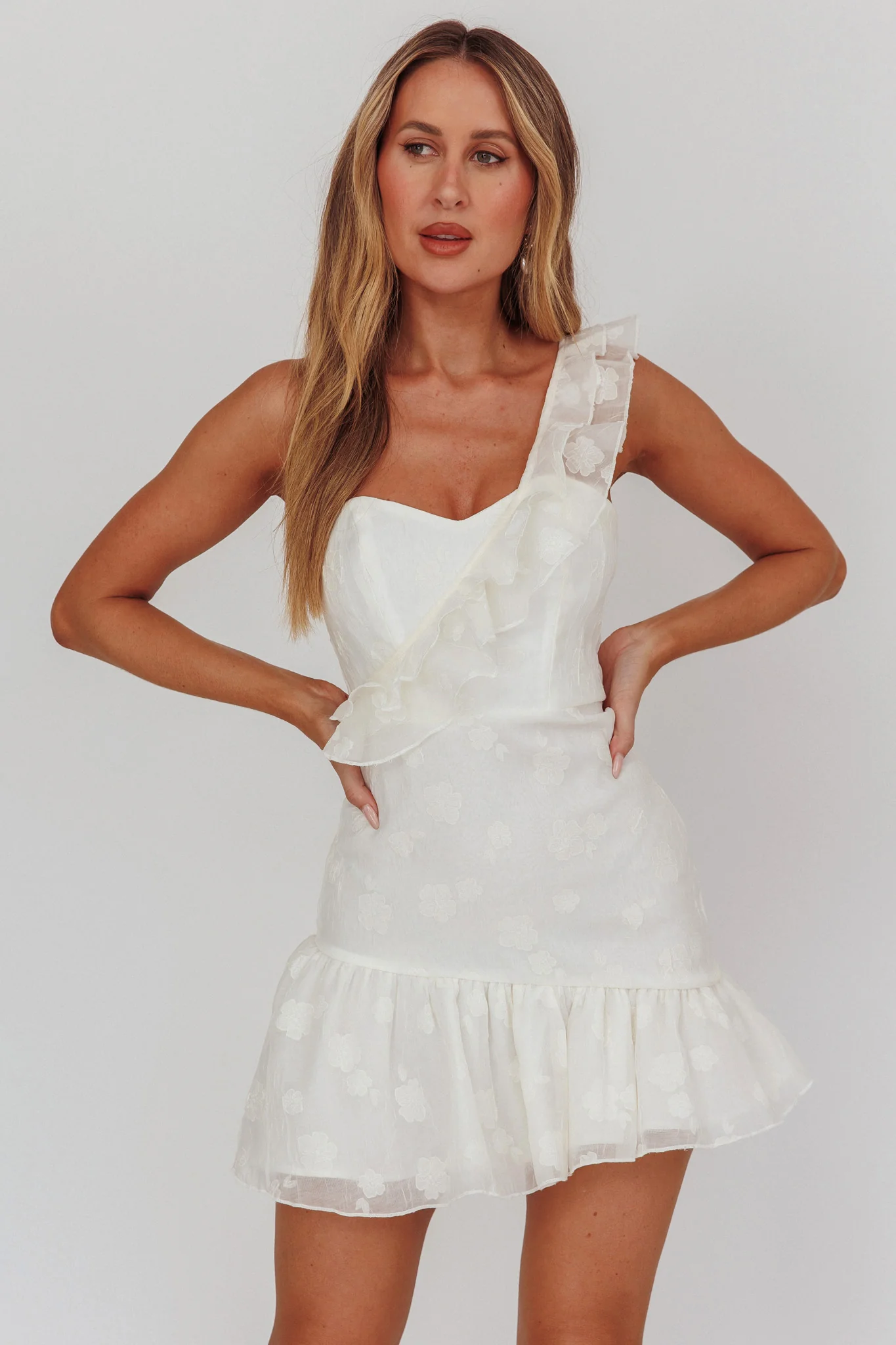Minka One-Shoulder Ruffle Mini Dress Off White - Sonourner