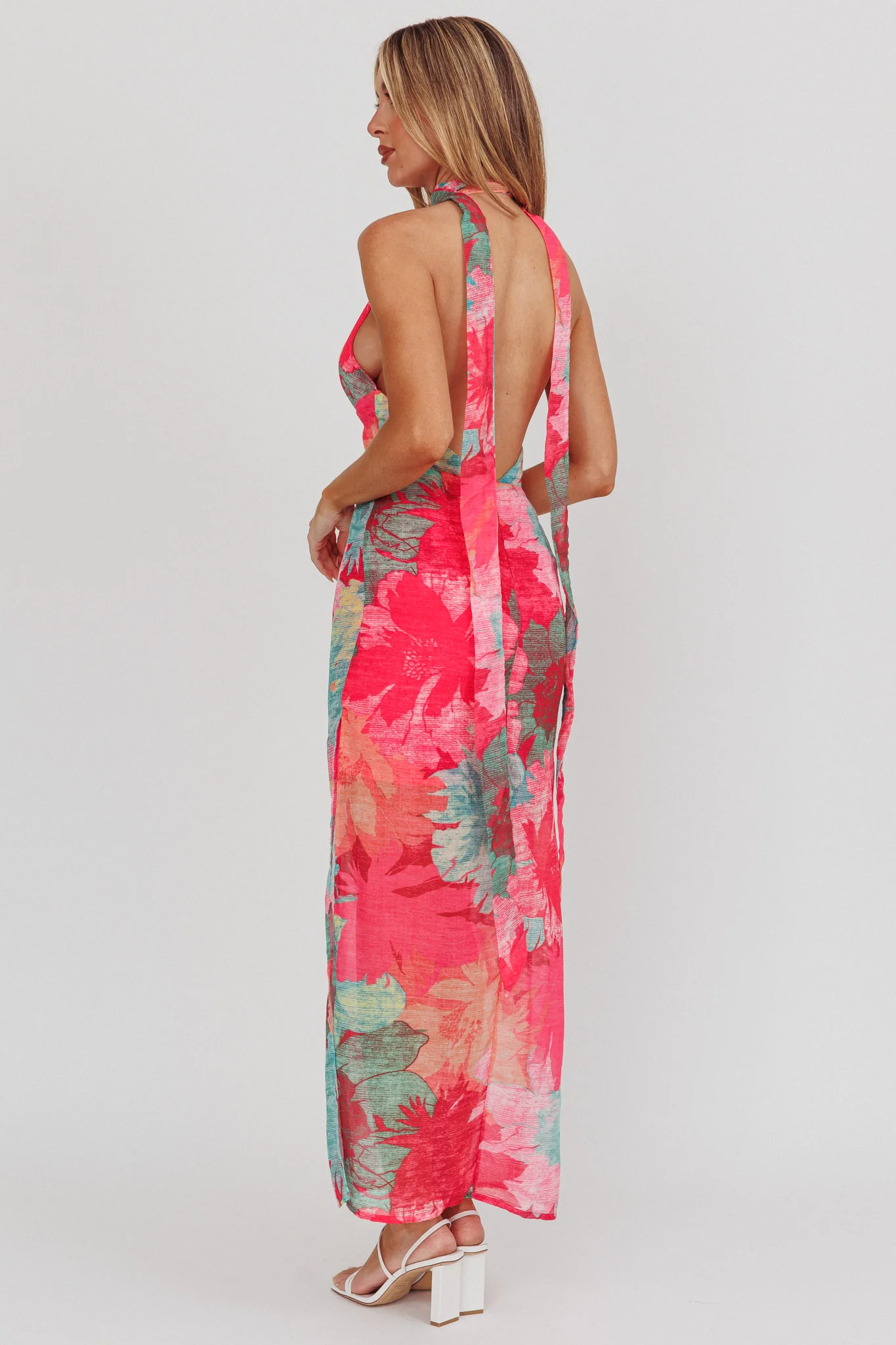 Cipriana Backless Halter Maxi Dress Floral Fuchsia - Sonourner