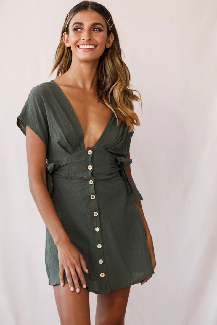 Dara Button Accent Dress Green Khaki - Sonourner