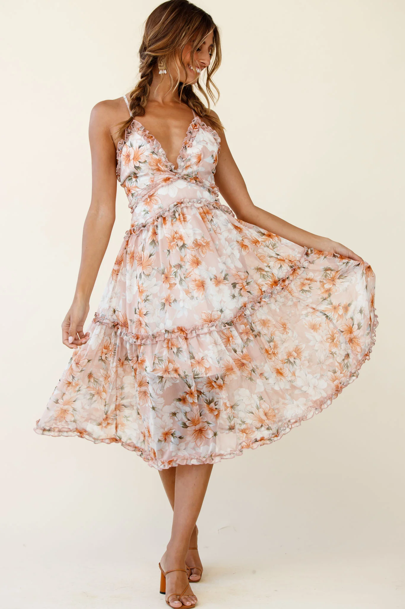 Laney Low Back Cami Strap Midi Dress Hibiscus Print Nude - Sonourner