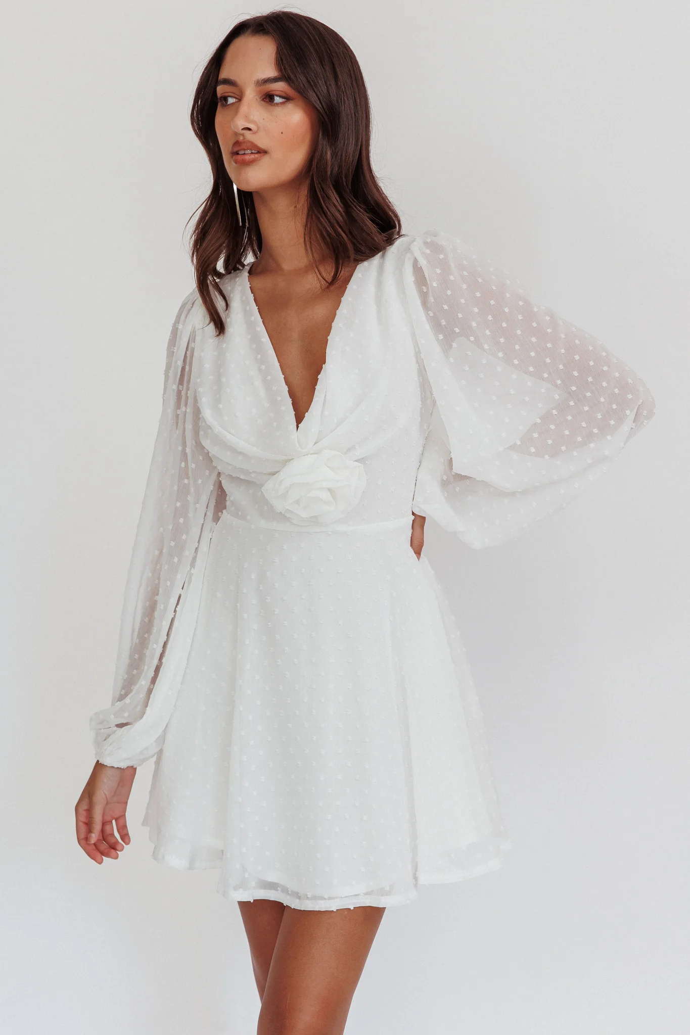 Open Heart Long Sleeve Rosette Mini Dress White - Sonourner