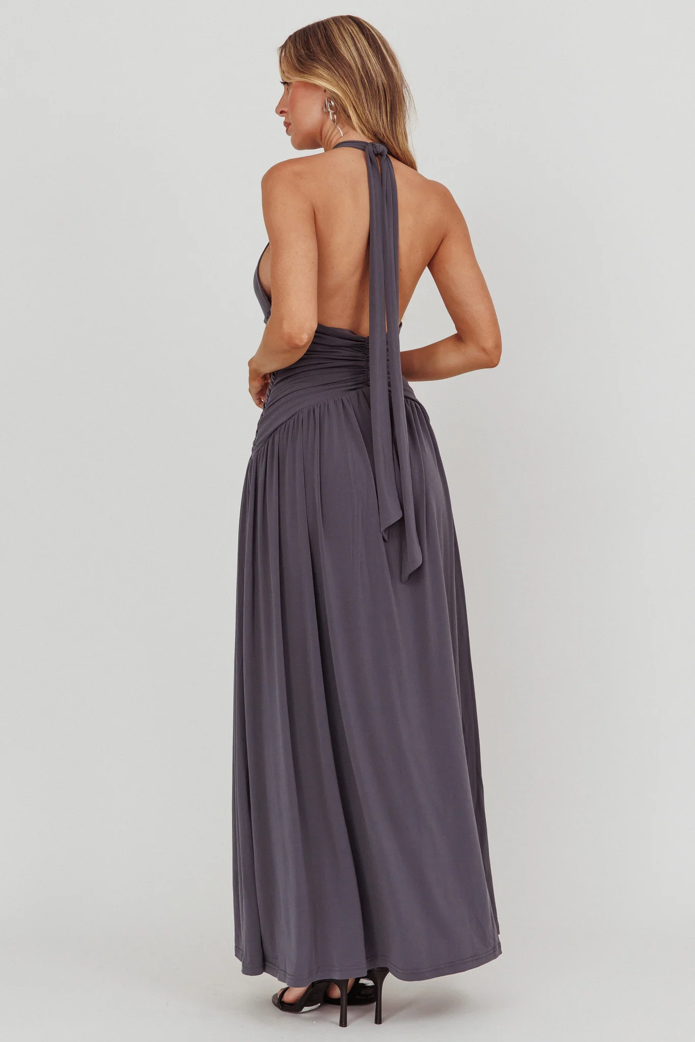 Italia Azure Gathered Waist Maxi Dress Charcoal - Sonourner