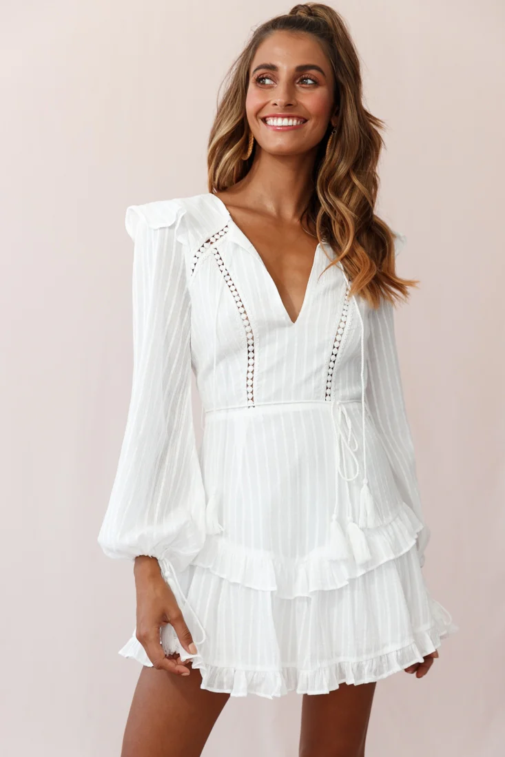 Yours Truly Bell Sleeve Ruffle Dress White - Sonourner