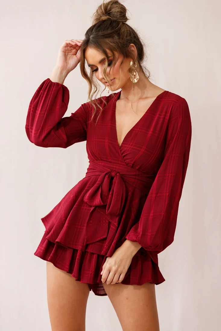 Maddox Fit & Flare Long Sleeve Romper Wine - Sonourner