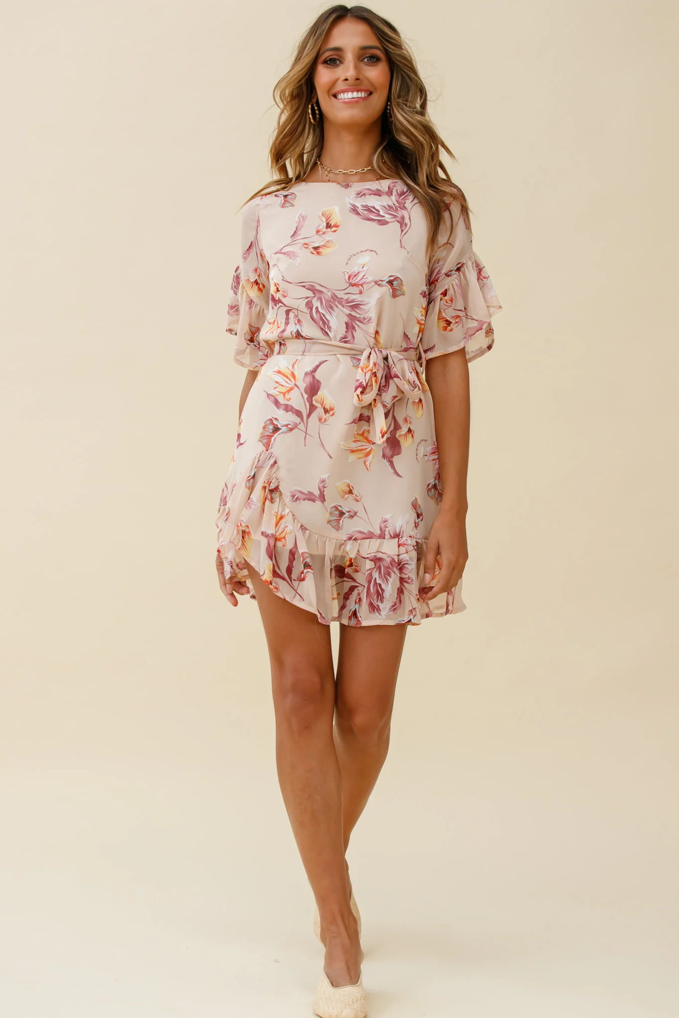 Azealia Ruffle Hem Dress Botanic Print Beige - Sonourner