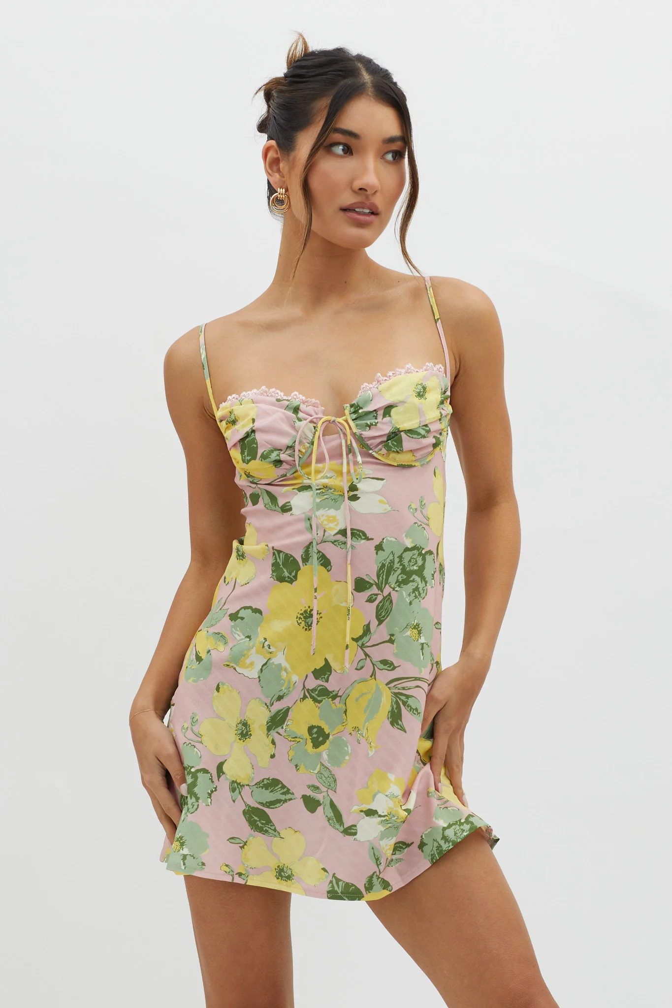 Fortune Lace Trim Bust Tie Mini Dress Floral Pink - Sonourner