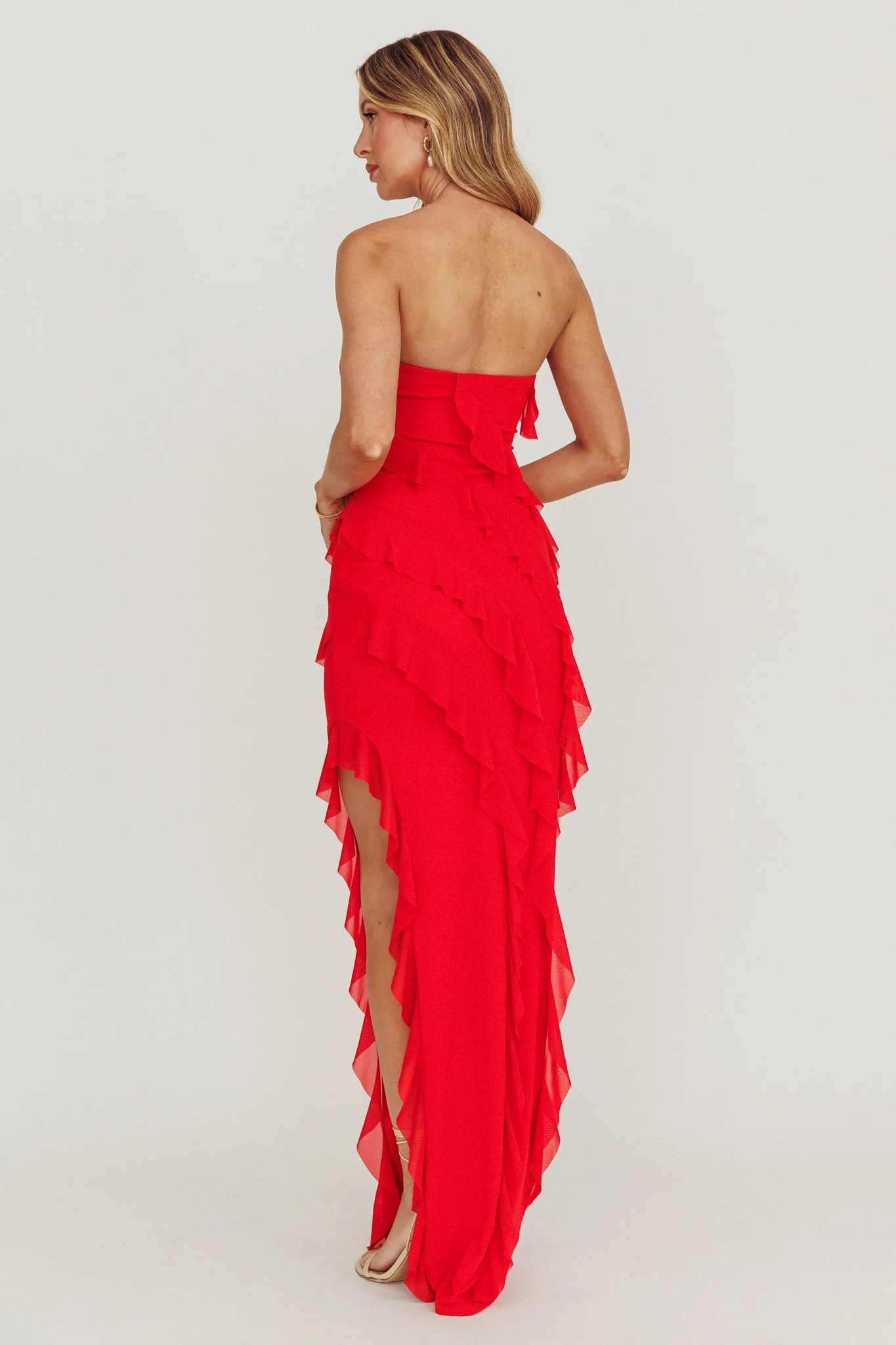 Just Friends Strapless Ruffle Maxi Dress Red - Sonourner