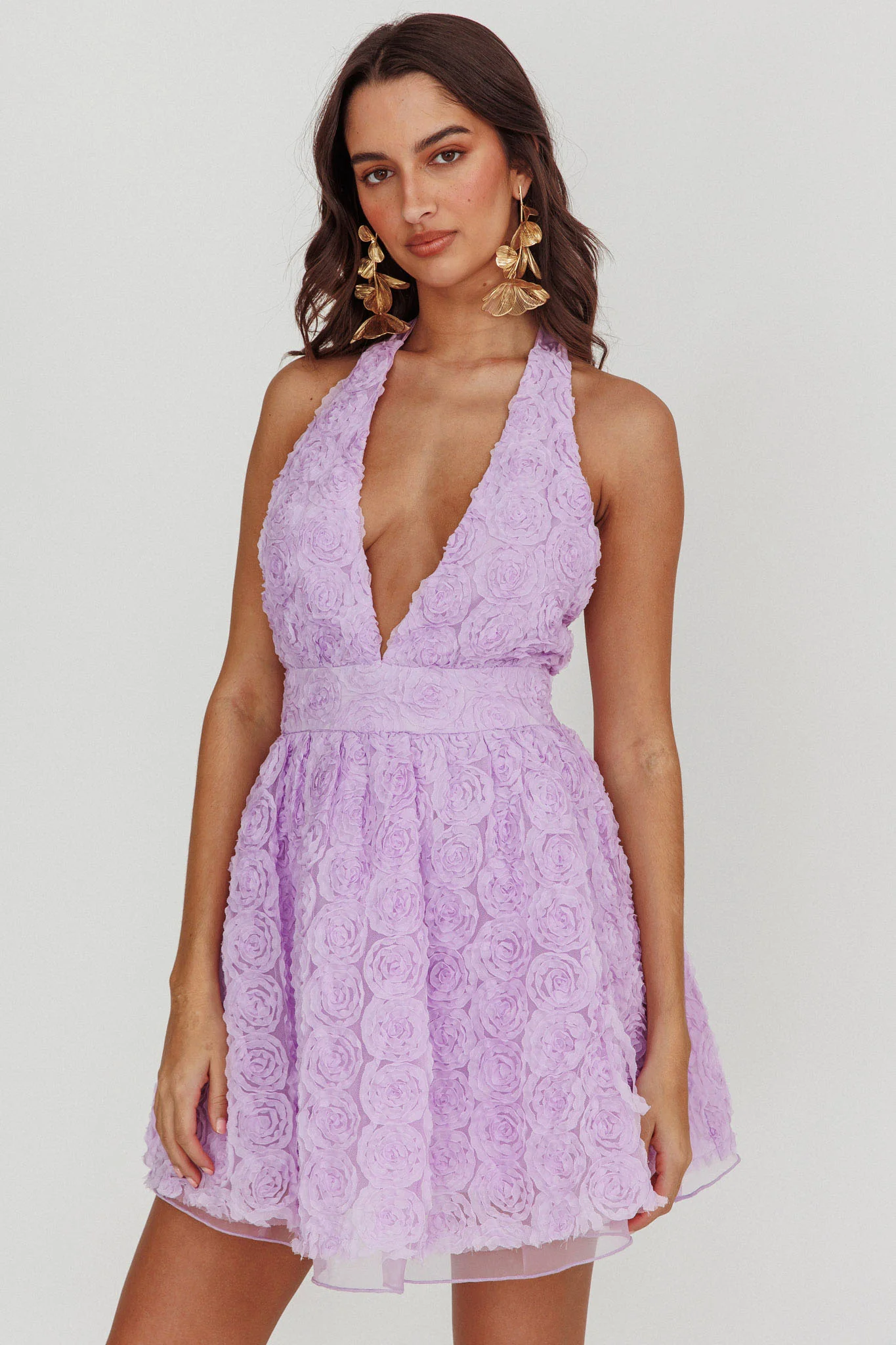 Lovelle Halter Neck Rosette Mini Dress Lavender - Sonourner