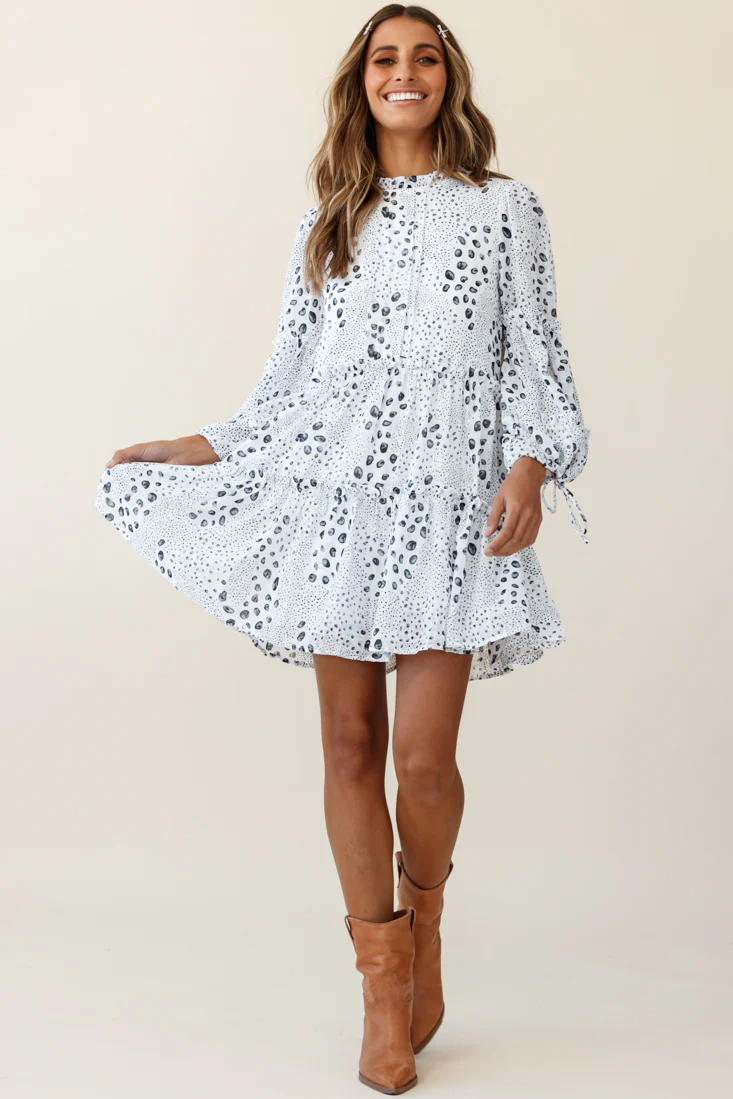 Beatrix High Neck Bell Sleeve Dress Droplet Print White - Sonourner