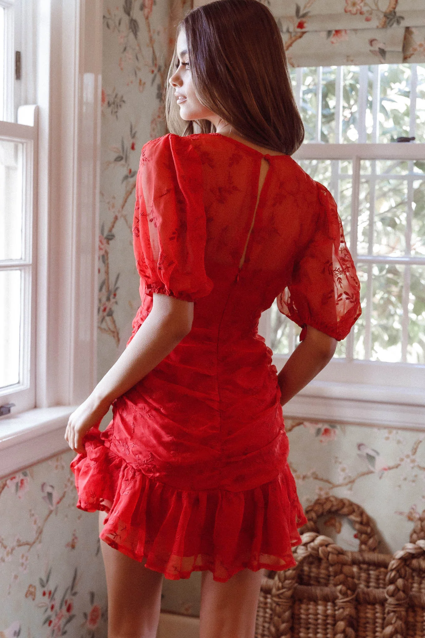 Cherry Blossom Puff Sleeve Wide Ruffle Hem Dress Red - Sonourner