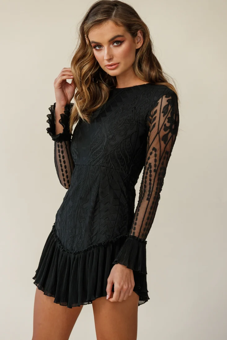 Dreamy Long Sleeve Mini Dress Black - Sonourner