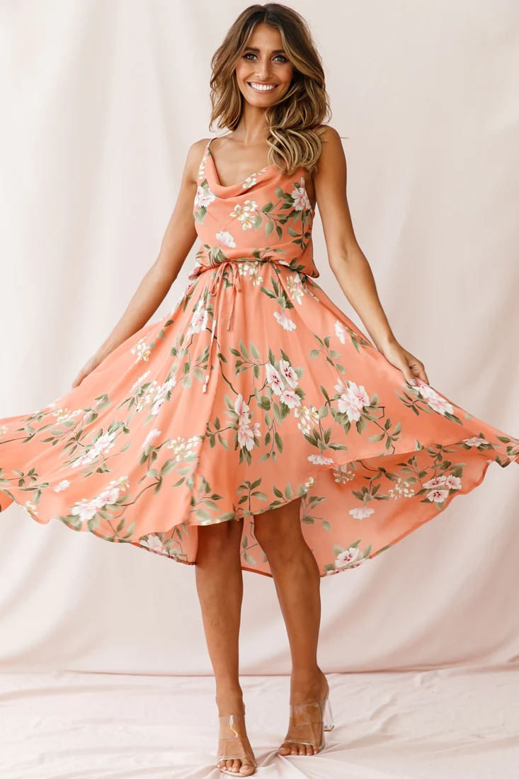 Ava Cowl Neck Drawstring Midi Dress Floral Print Peach - Sonourner