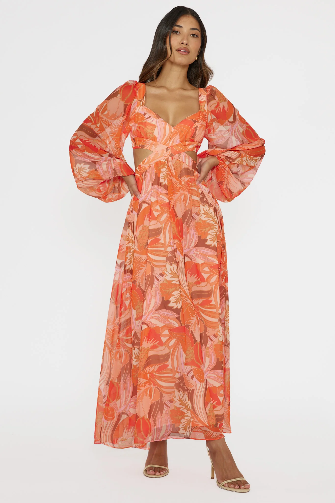 Maura Long Sleeve Lace-Up Back Dress Floral Orange - Sonourner