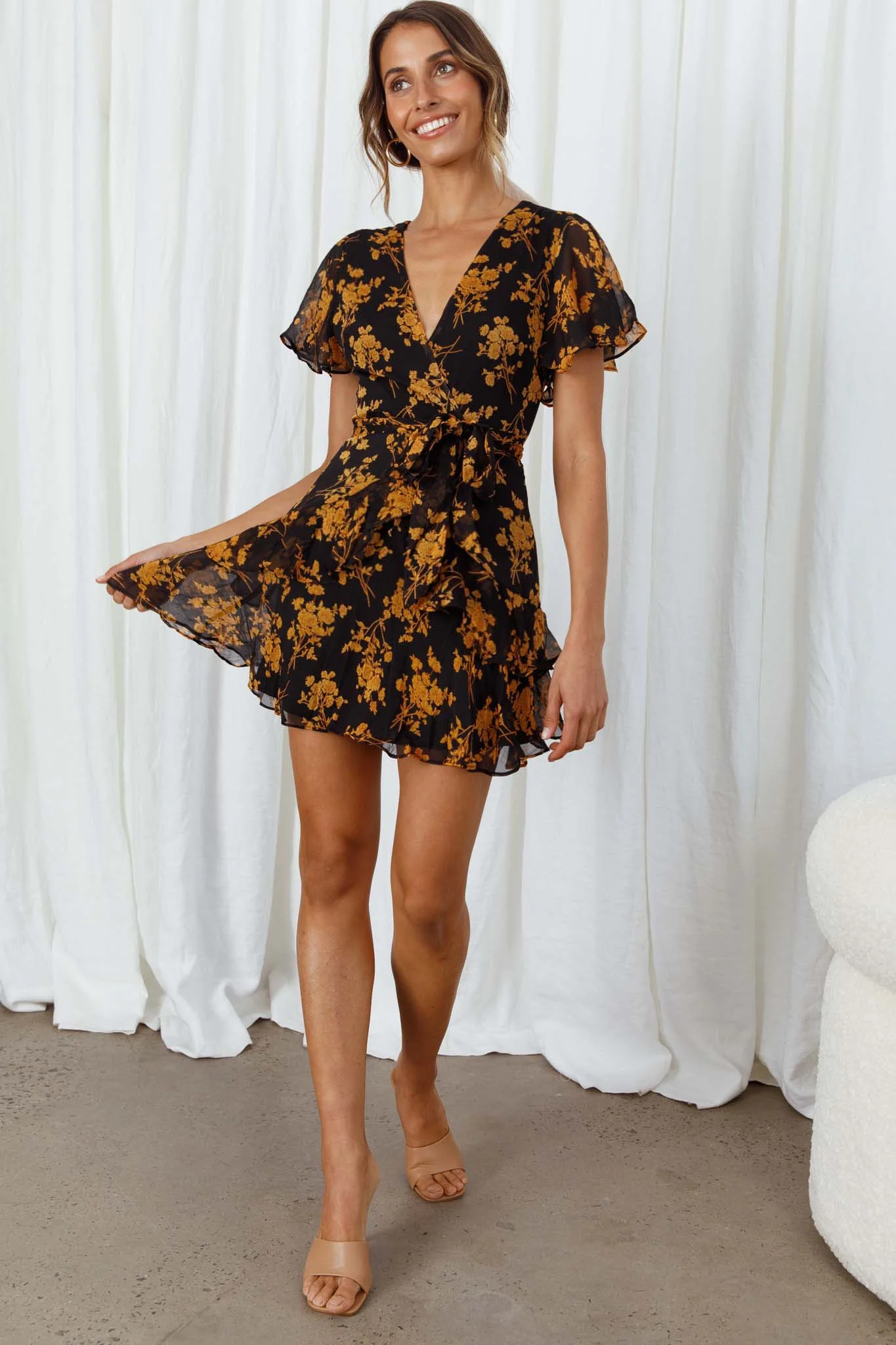 Kerry Layered Angel Sleeve Dress Black/Orange Flower - Sonourner