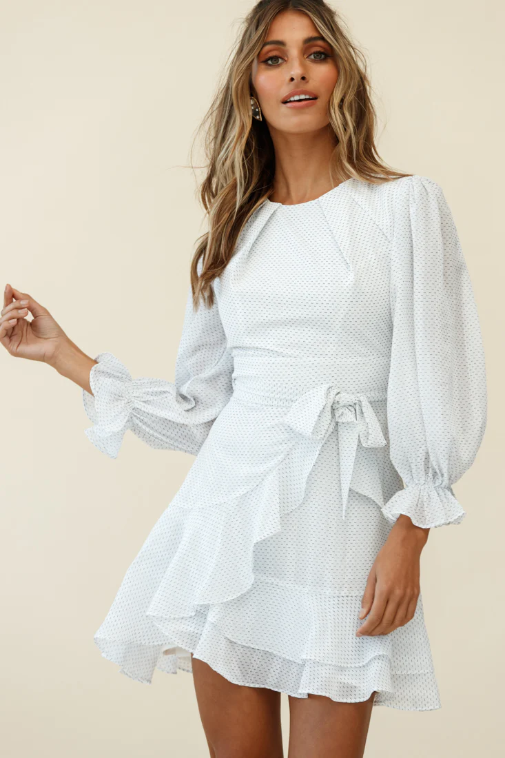 Agnes Long Sleeve Pleat Detail Dress White - Sonourner