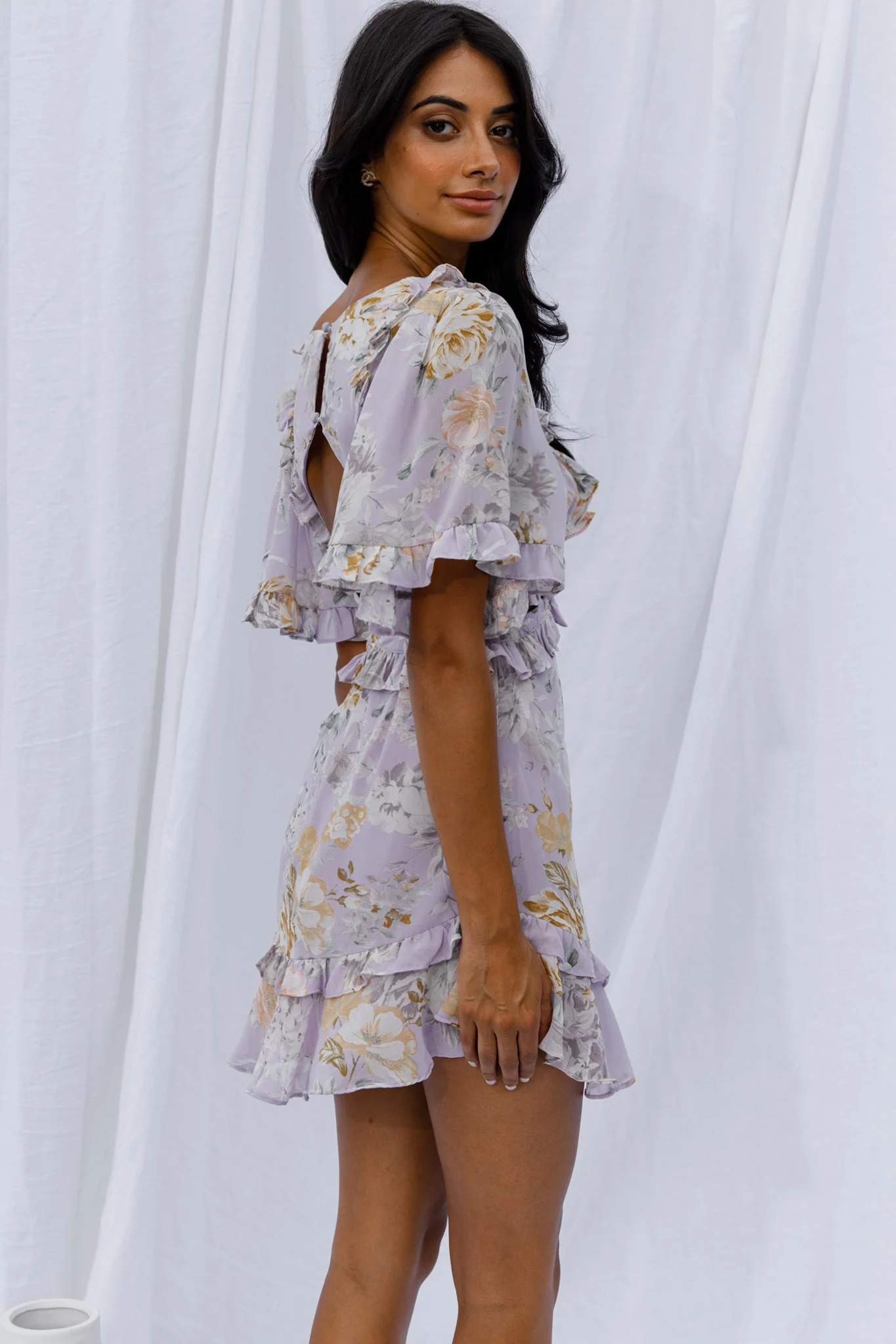 My Belle Cut-Out Detail Frill Accent Dress Vintage Floral Print Lilac - Sonourner