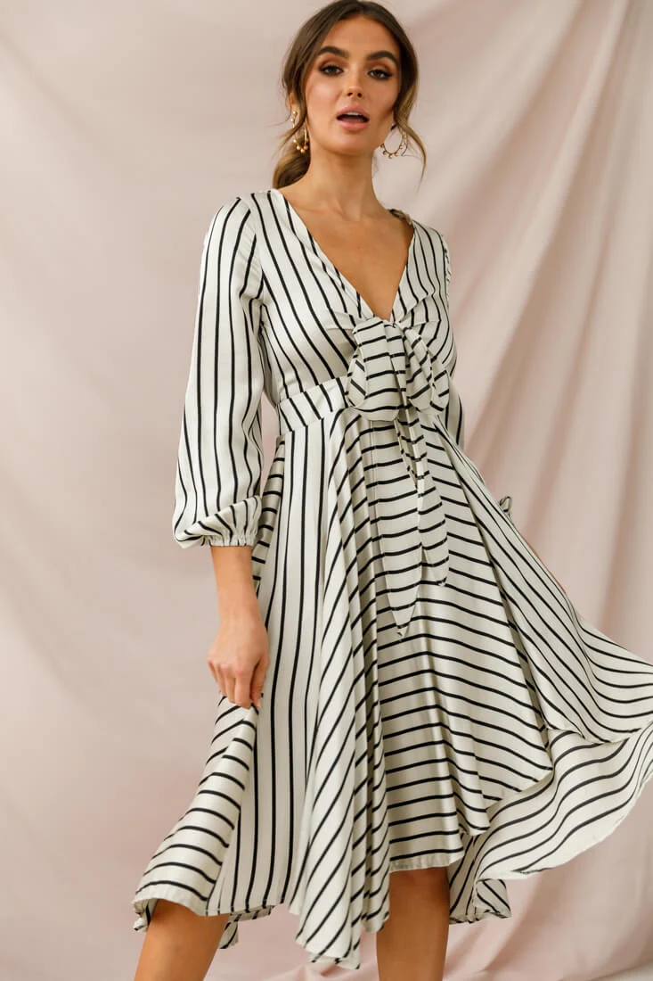 Essex Striped Bust Tie Midi Dress Beige - Sonourner
