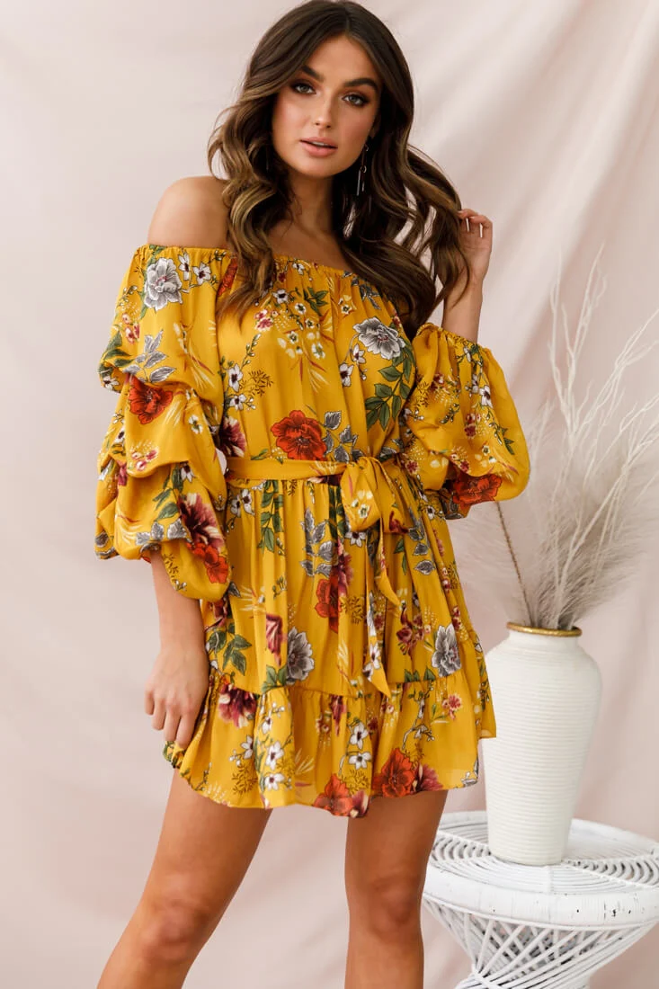 Frida Off-Shoulder Waist Tie Dress Yellow - Sonourner
