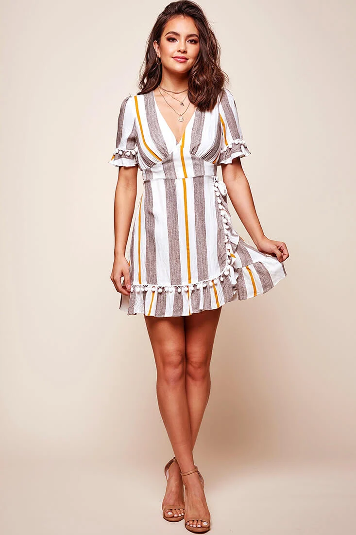 Kristen-Lee Striped Waist Tie Dress Beige & Mustard - Sonourner