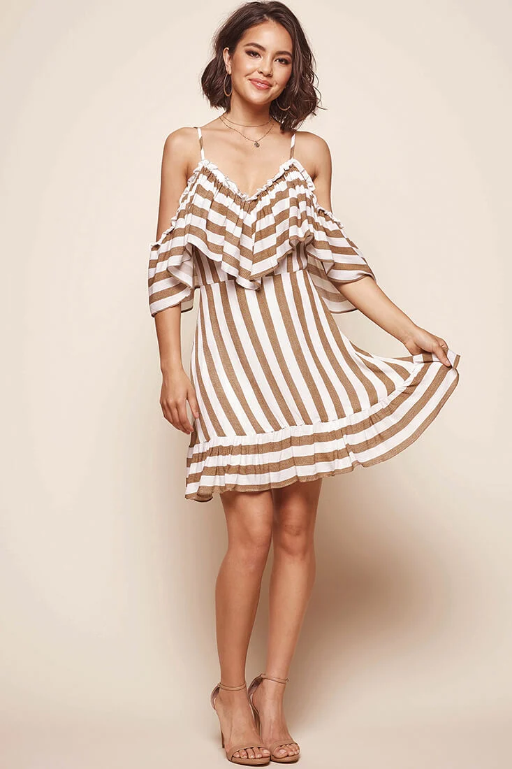 Fawn Cold Shoulder Striped Dress Beige - Sonourner