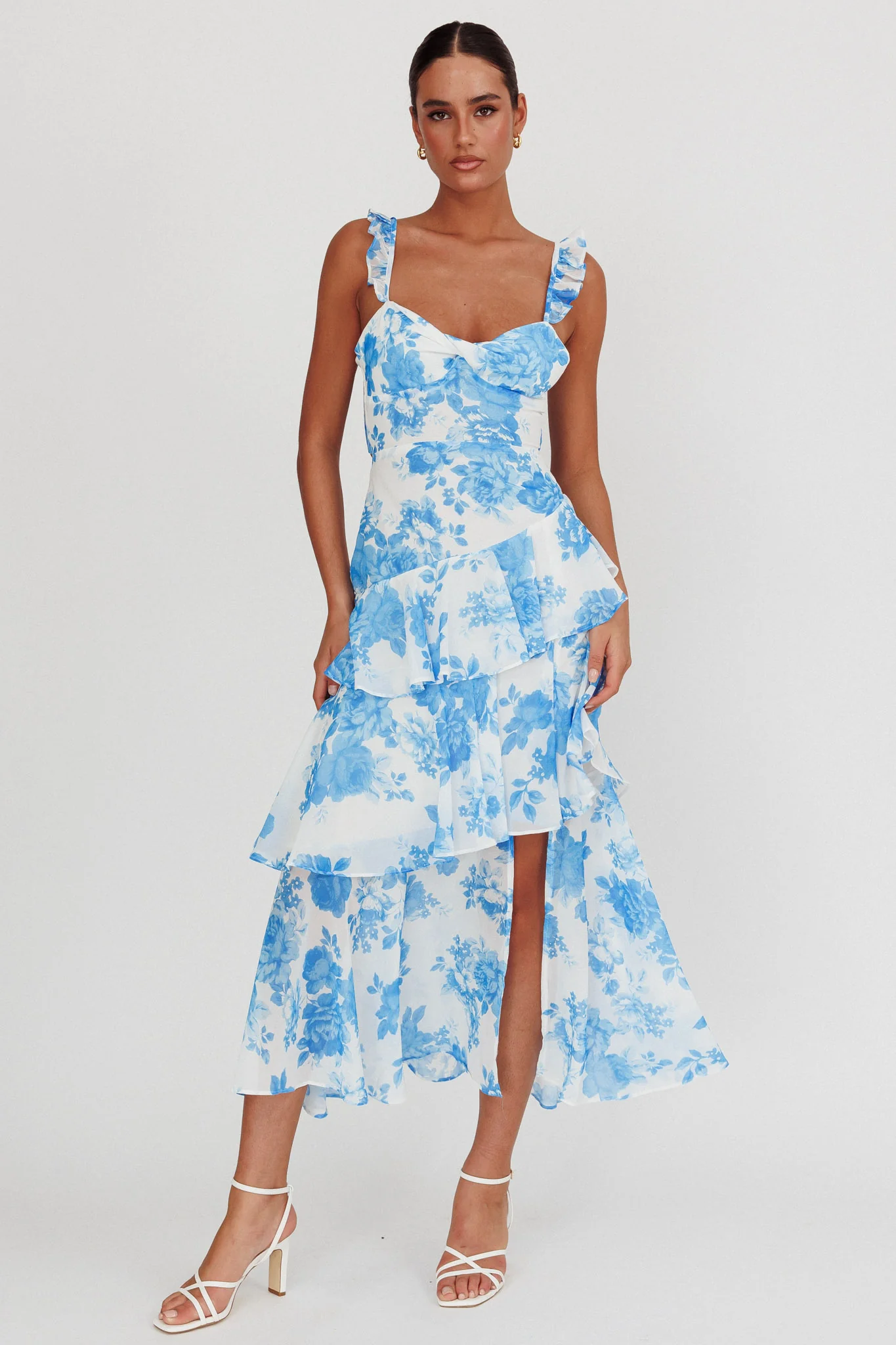 Veda Ruffle Strap Split Maxi Dress Floral White/Blue - Sonourner
