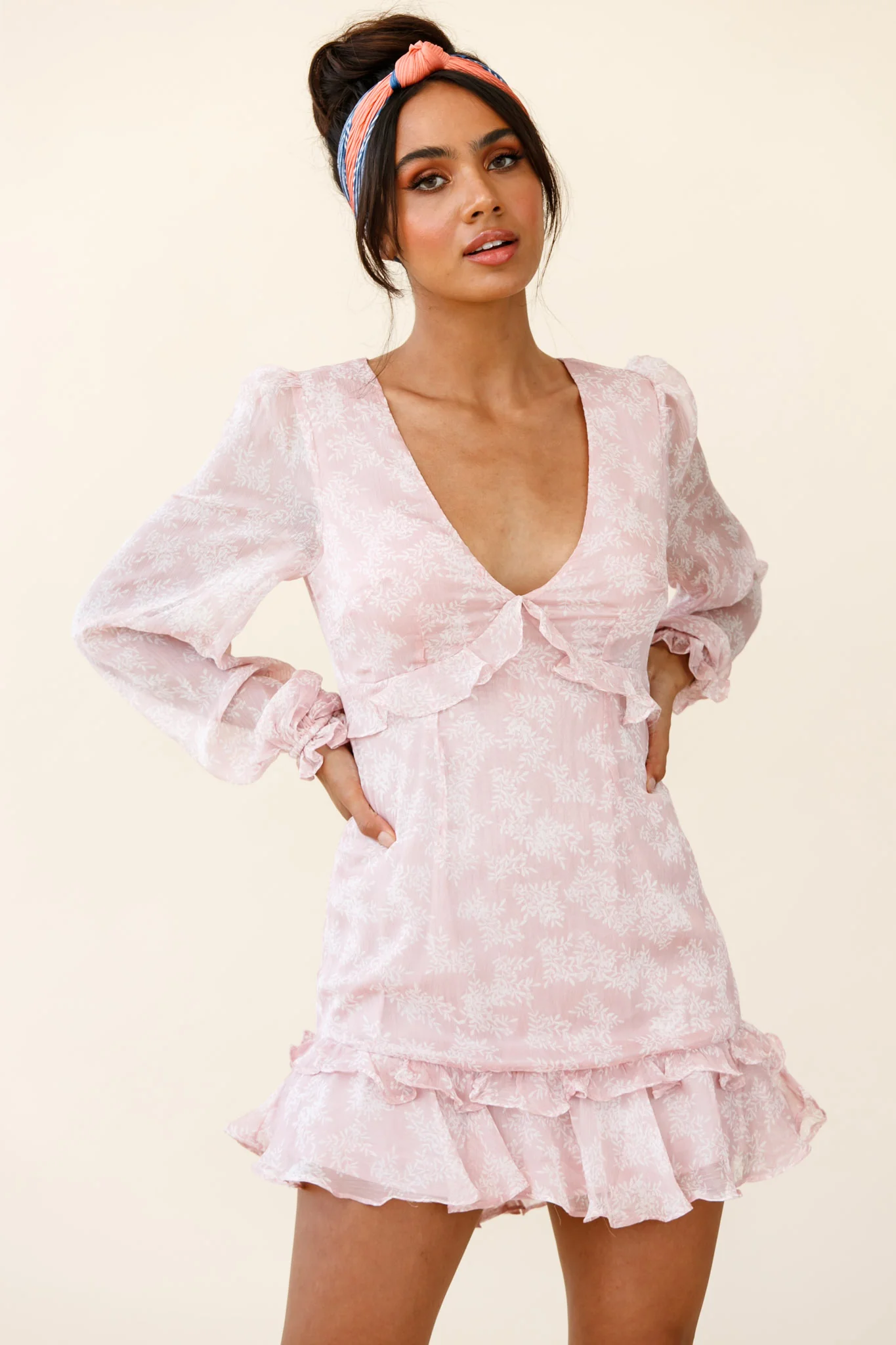 Amarantha Sheer Balloon Sleeve Frill Trim Dress Floral Print Pink - Sonourner