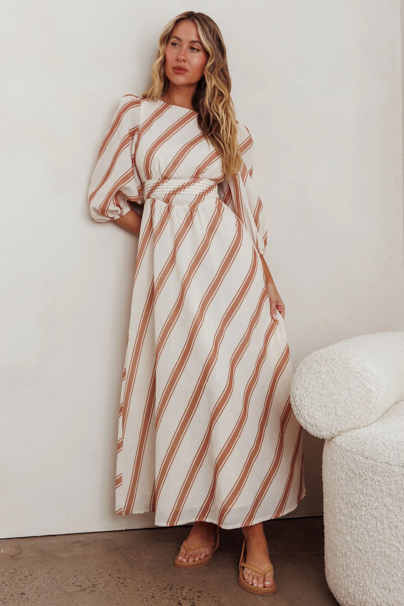 Transcendent Puff Sleeves Striped Maxi Dress Tan - Sonourner