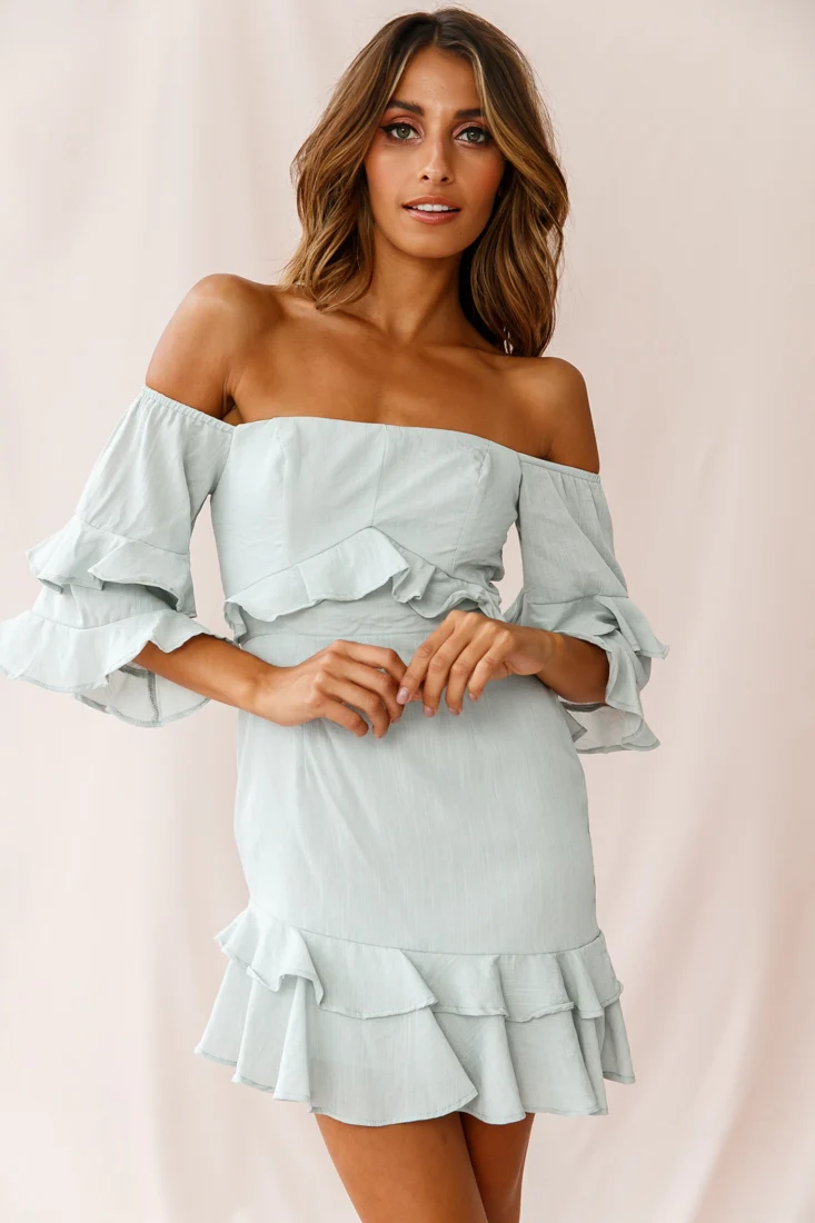 Esmeralda Off-Shoulder Frill Dress Pistachio - Sonourner