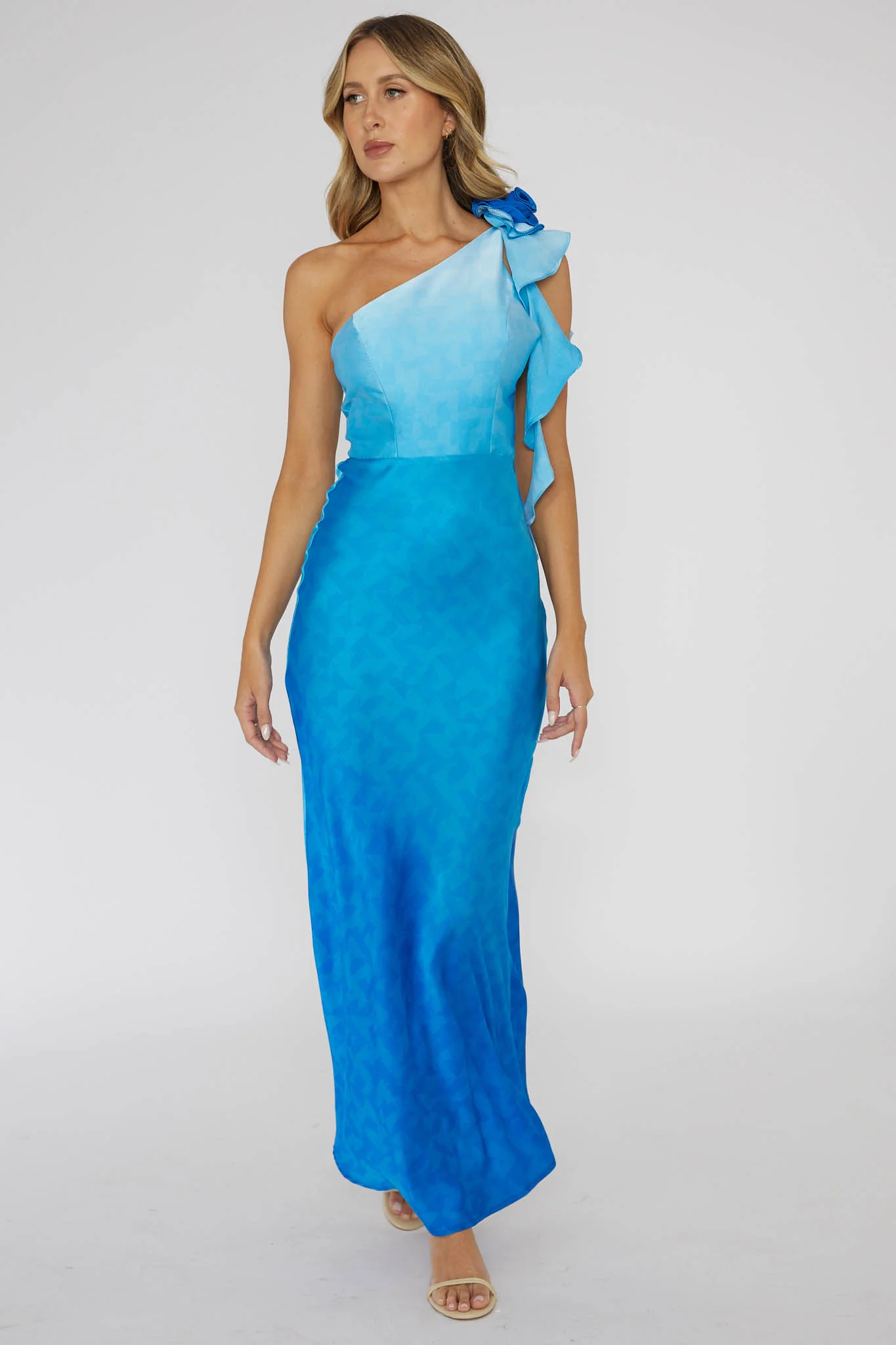 Mariyan One Shoulder Rose Maxi Dress Blue - Sonourner