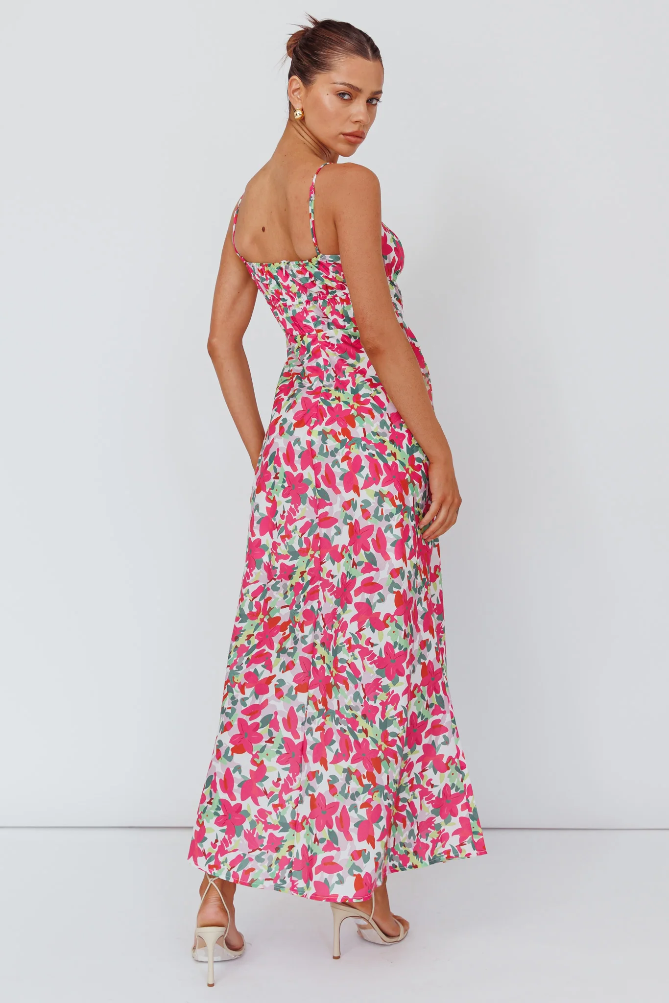 Solstice Noon Tied Bust Midi Dress Print Pink - Sonourner