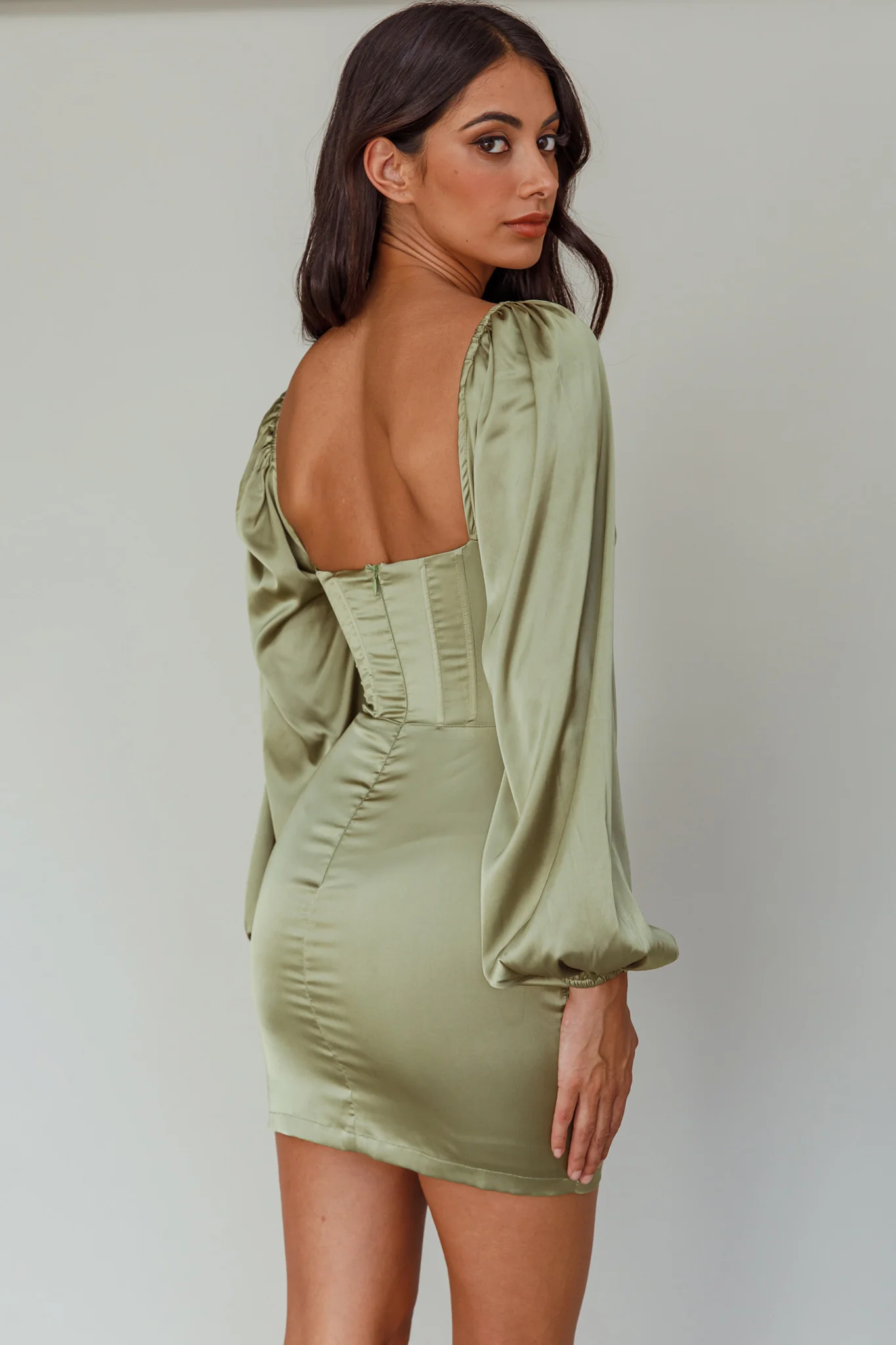 Au Revoir Long Sleeve Satin Mini Dress Sage - Sonourner