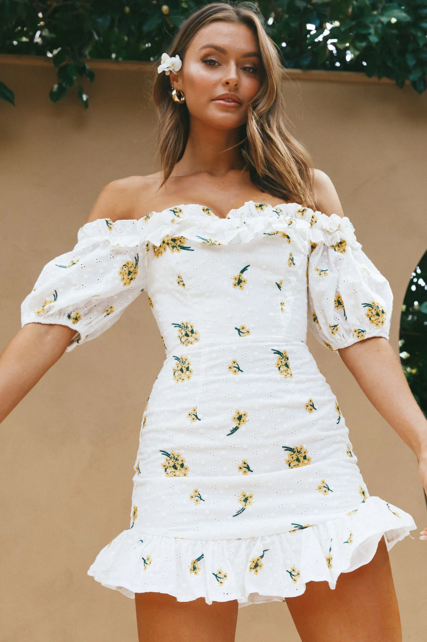 Morning Song Off-Shoulder Frill Trim Embroidery Dress Floral Print Yellow - Sonourner