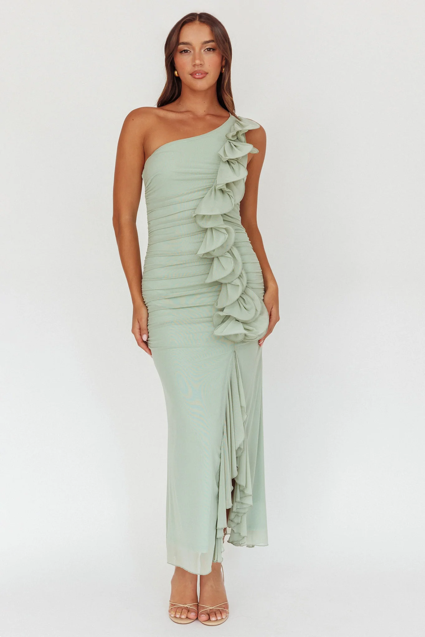 Haven One-Shoulder Ruffle Accent Maxi Dress Sage - Sonourner