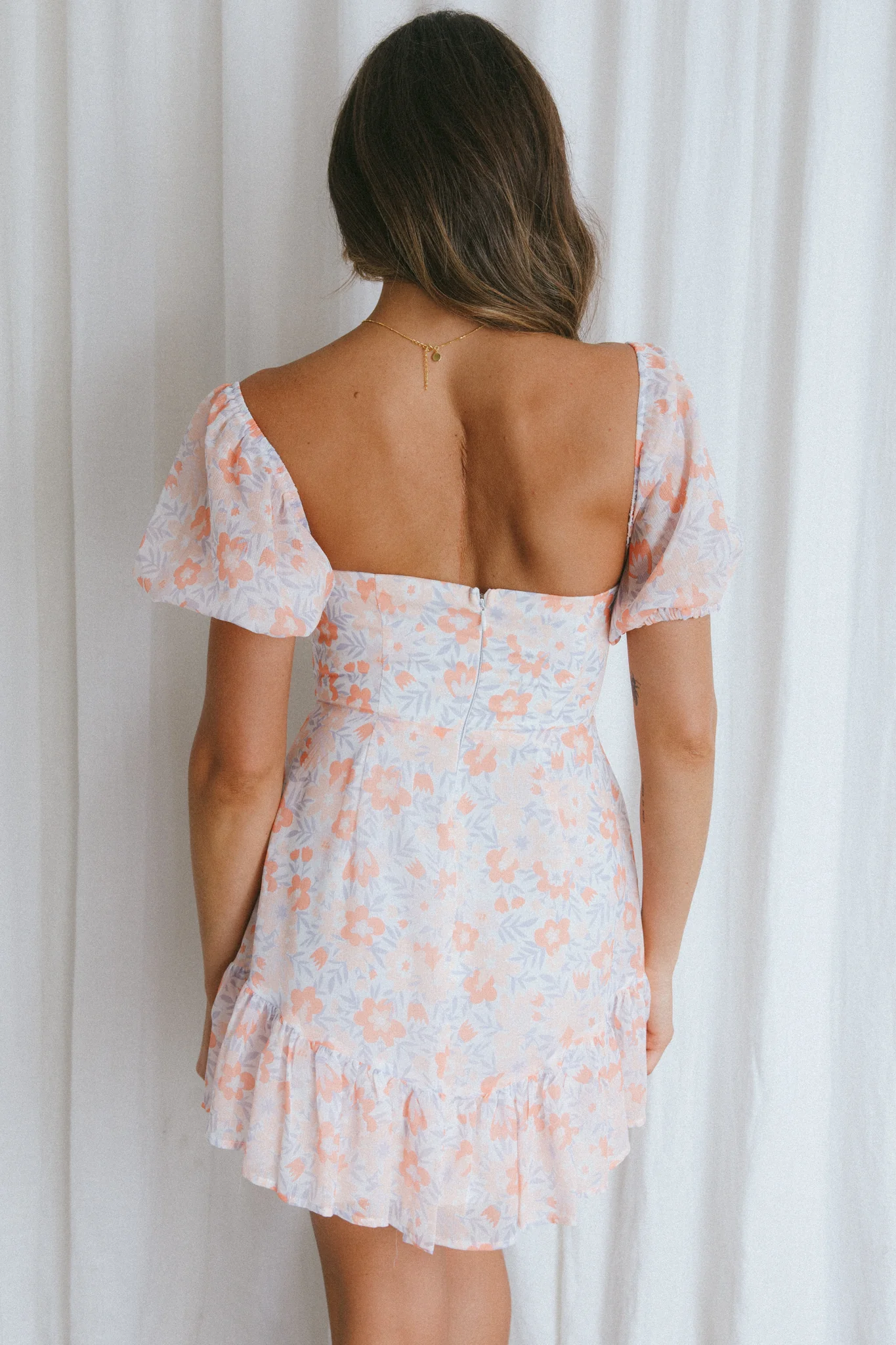 Cross My Heart V-Bust Frill Mini Dress Floral Orange - Sonourner