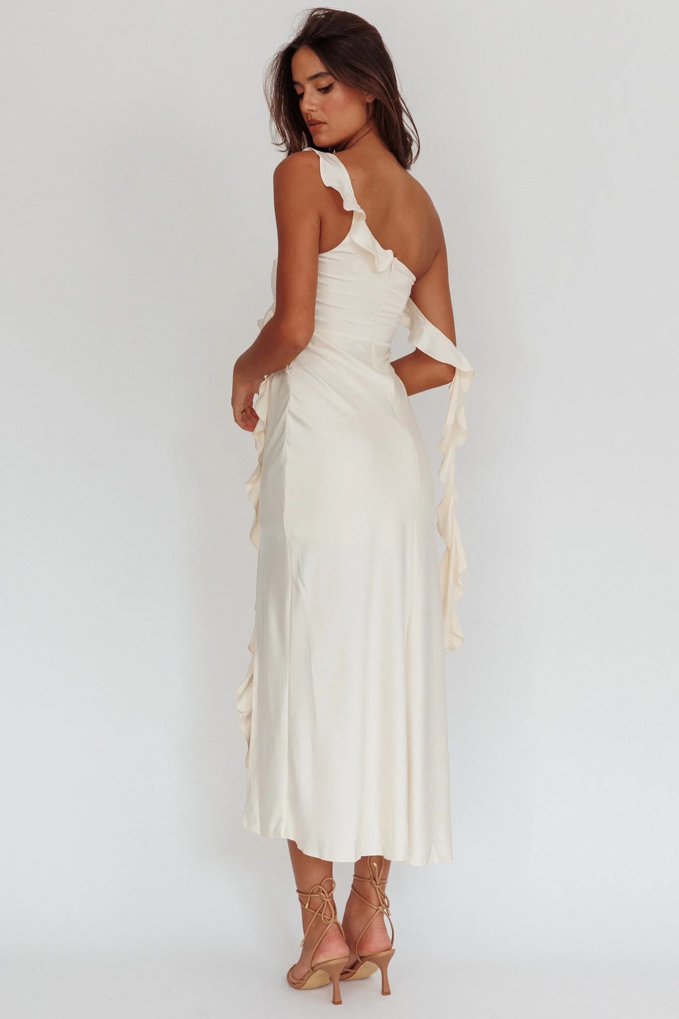 Like Yesterday Satin Ruffle Midi Dress Butter - Sonourner