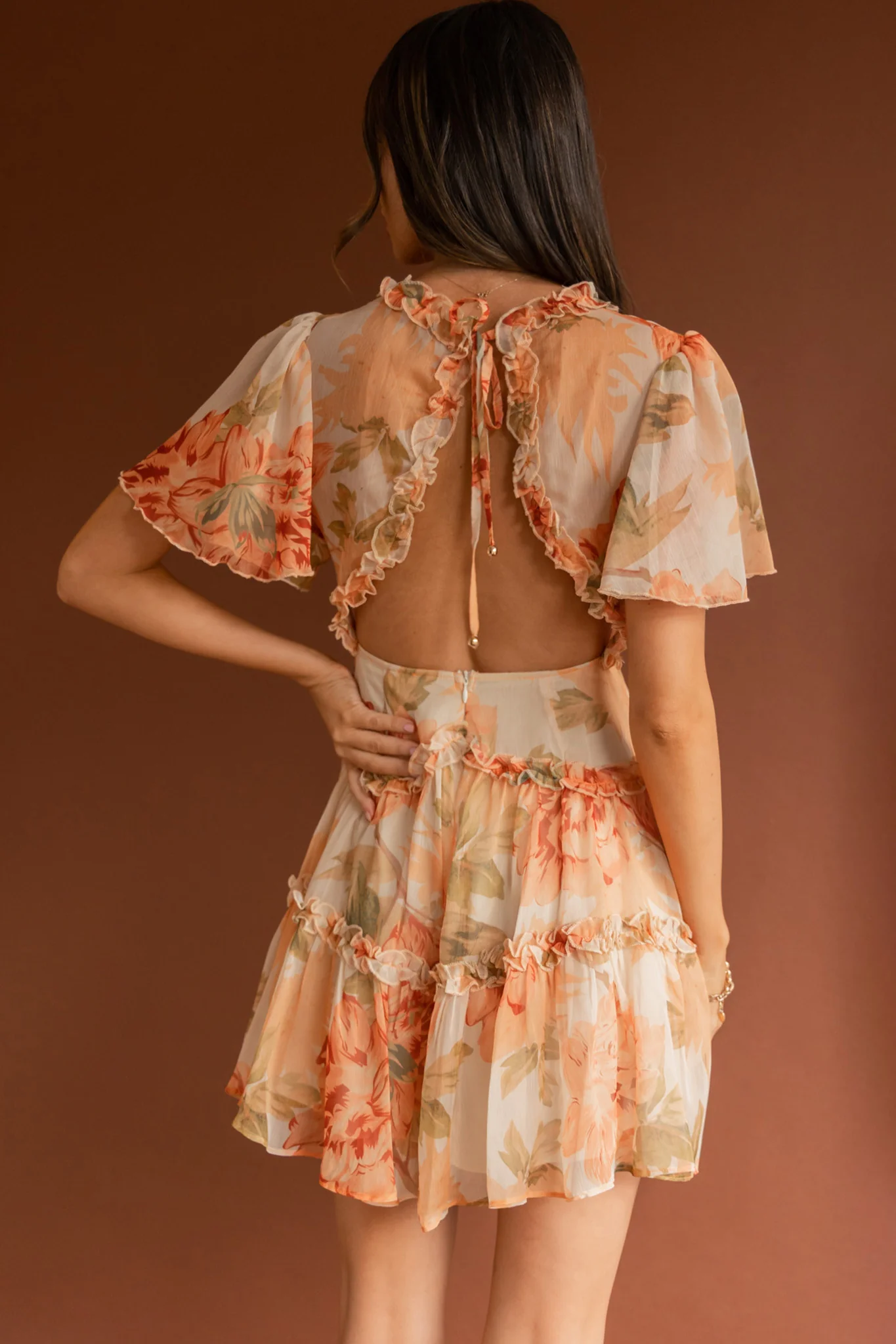 Tres Chic Flutter Sleeve Cut-Out Dress Botanical Tangerine - Sonourner