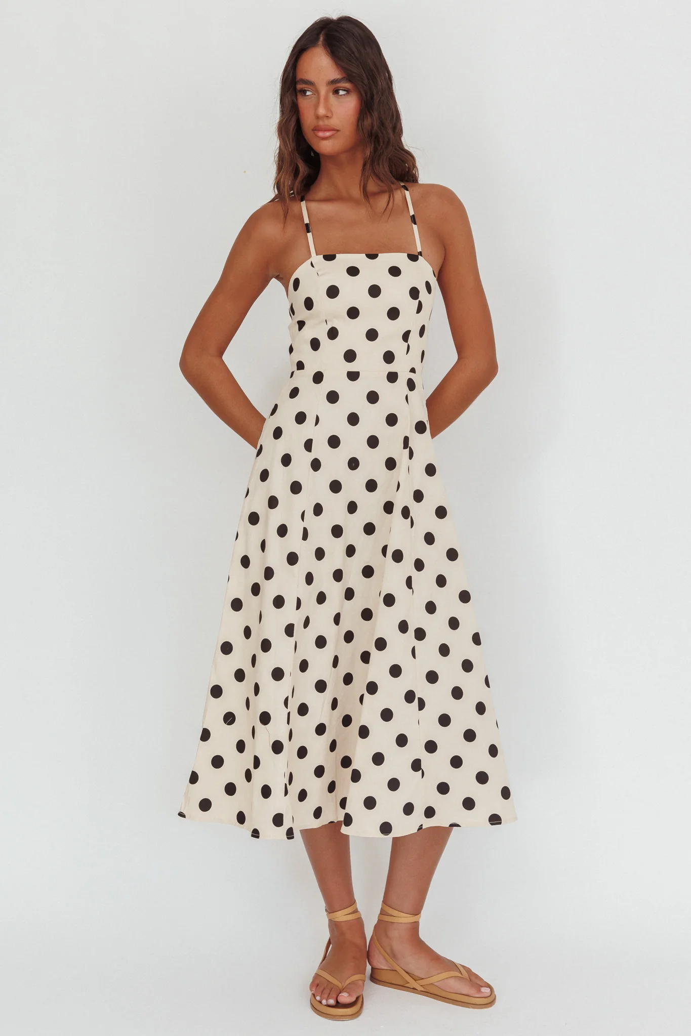 Second Glance Olga Criss-Cross Back Midi Dress Polka Dot Beige - Sonourner