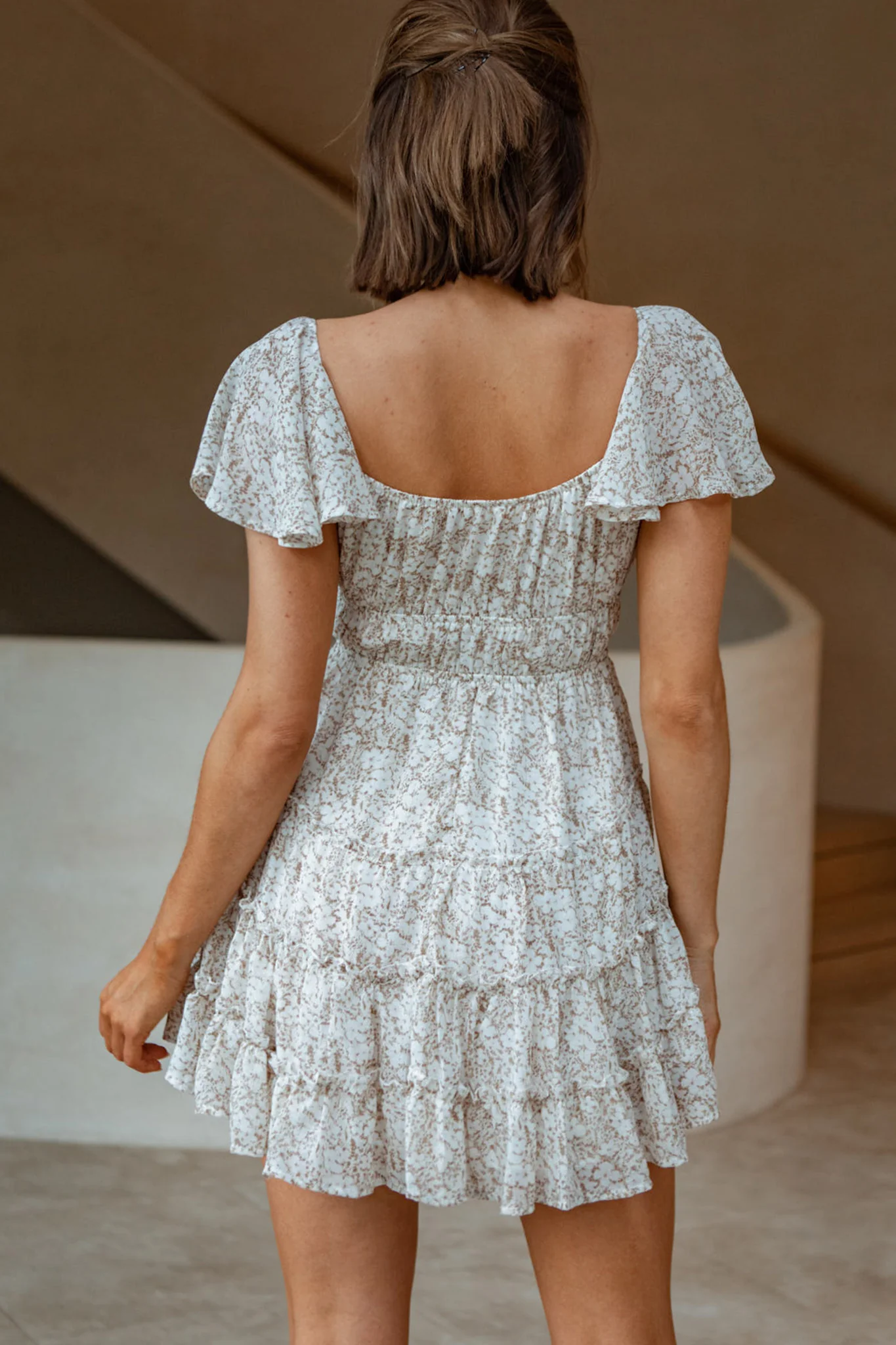 Josephina Lace-Up Front Flutter Sleeve Dress Floral Print Beige - Sonourner