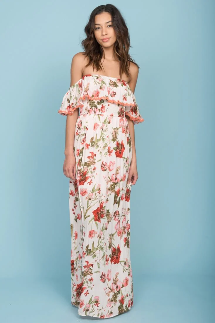 Tuscany Off The Shoulder Maxi Dress White & Red - Sonourner