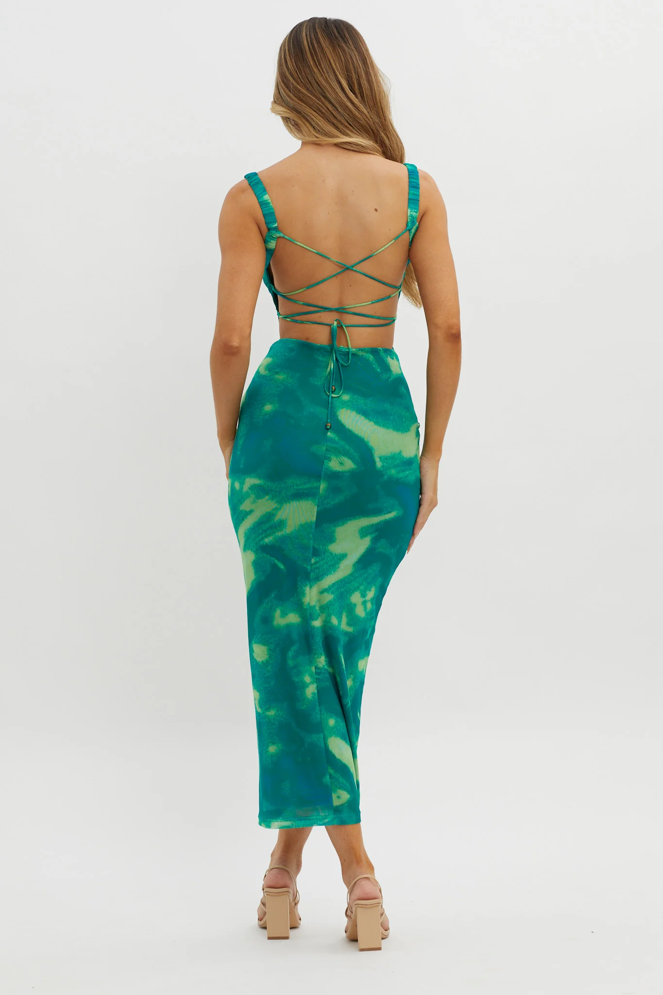 Dream Crush Lace-Up Back Side Split Maxi Dress Swirl Green - Sonourner