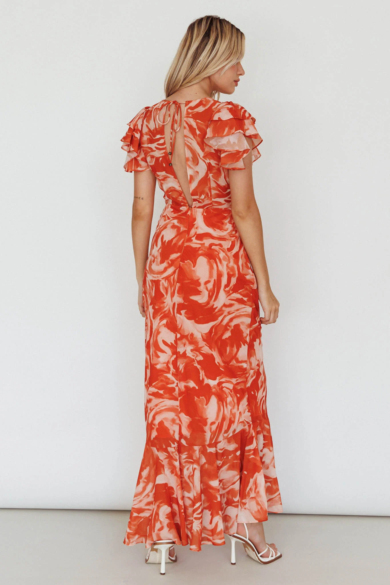 Lydiah Ruffle Sleeve Maxi Dress Floral Orange - Sonourner